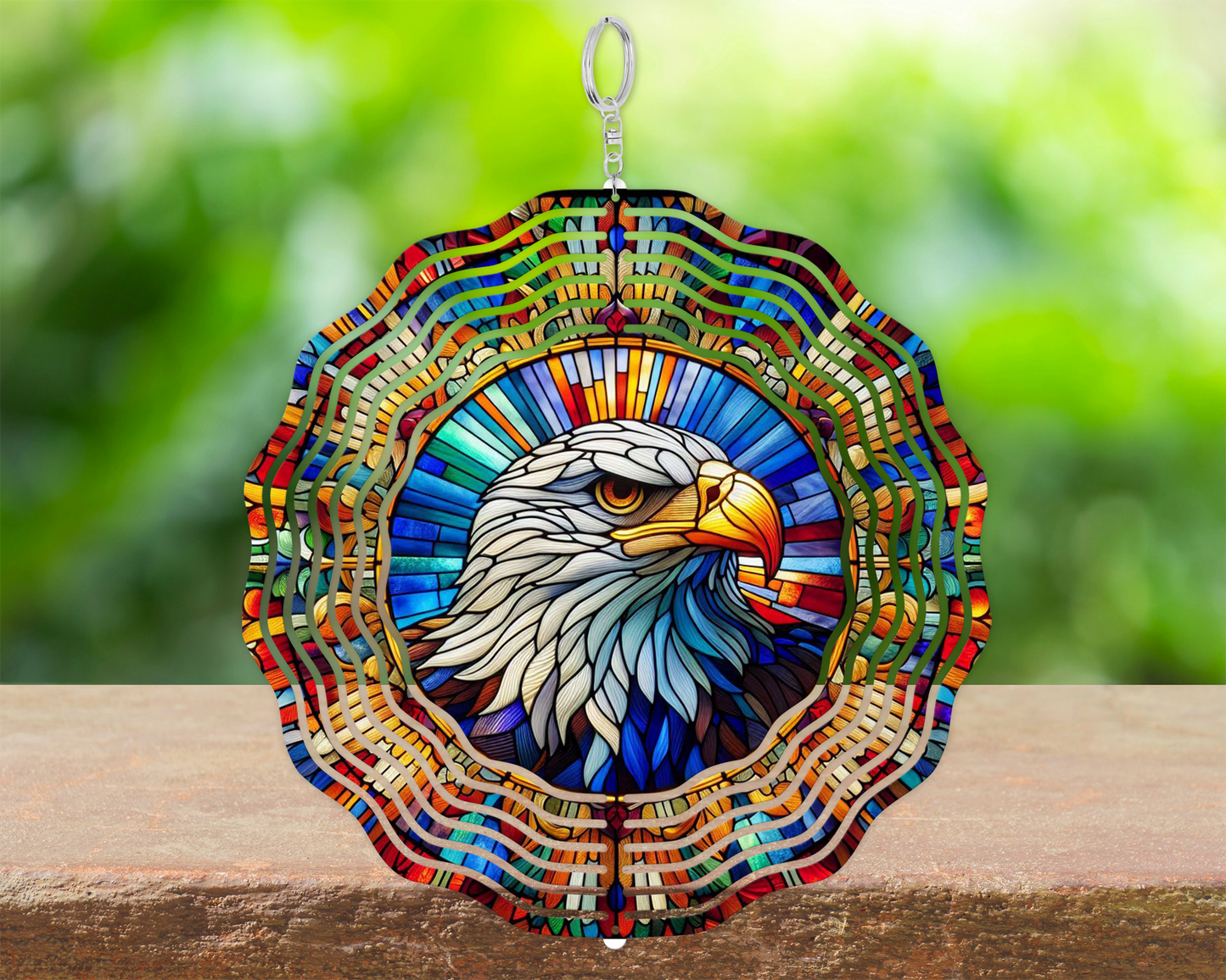 3D Bald Eagle Wind Spinner with Vibrant Faux Stained Glass Design