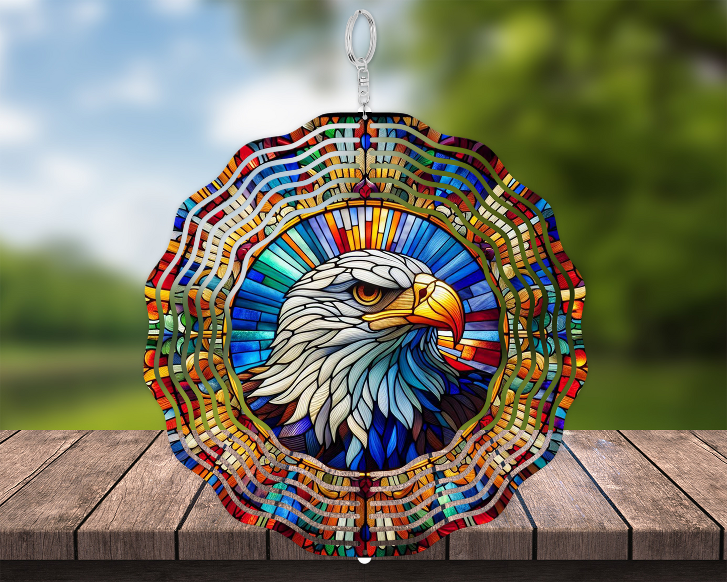 Handcrafted Faux Stained Glass Spinner with Bald Eagle Head
