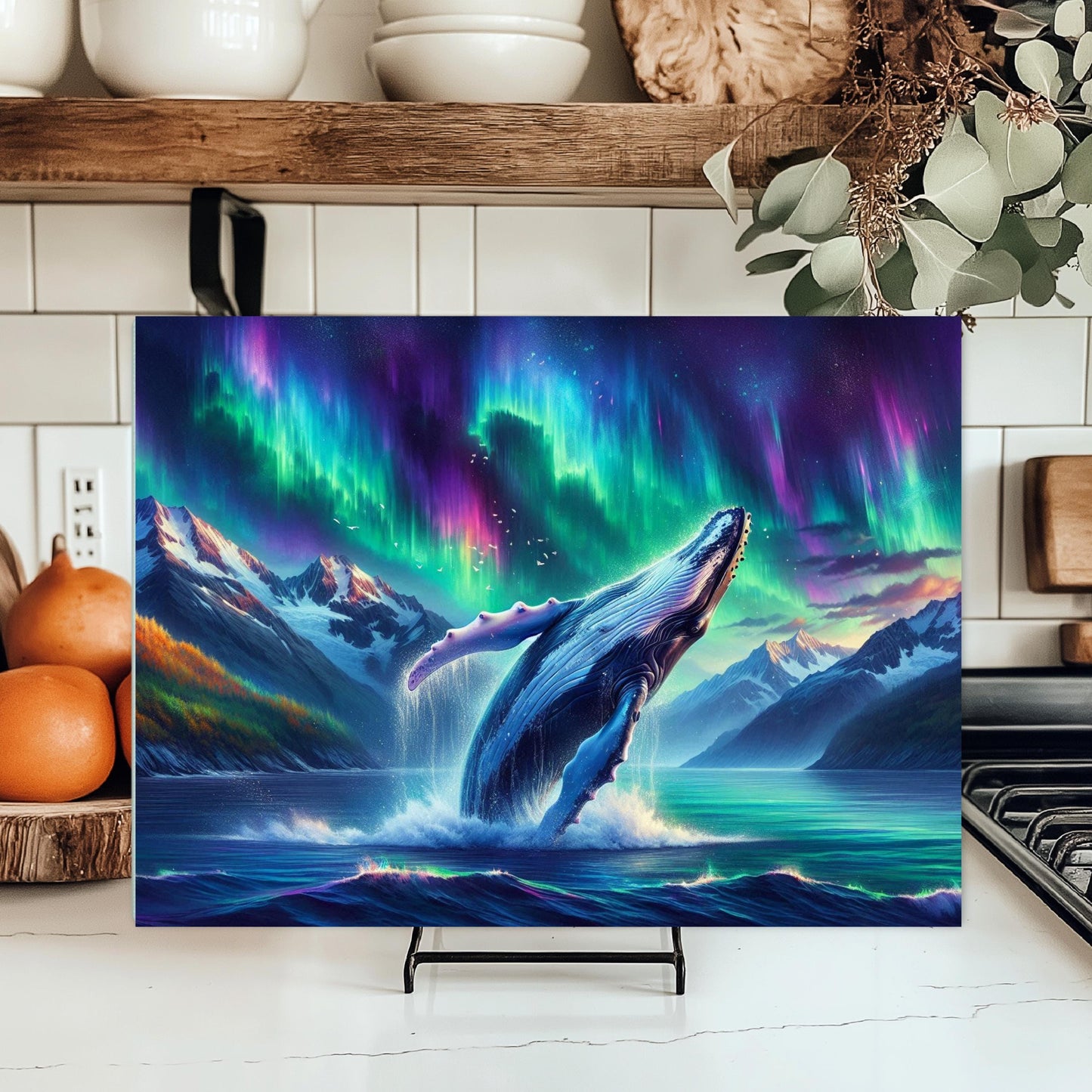Humpback Whale Tempered Glass Cutting Board 11x15 Kitchen Art with Northern Lights Over Alaska Unique Ocean Wildlife Decor