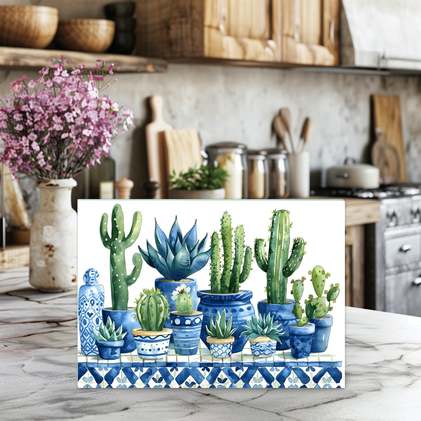 Cactus Glass Cutting Board - 11x15 Tempered Kitchen Art Vibrant Botanical Counter Decor