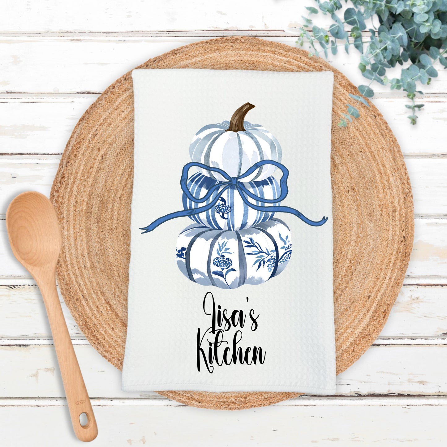 Personalized Blue Pumpkin Topiary Towel - 16x24 Waffle Weave Microfiber with Bow for Chinoiserie Fall Decor