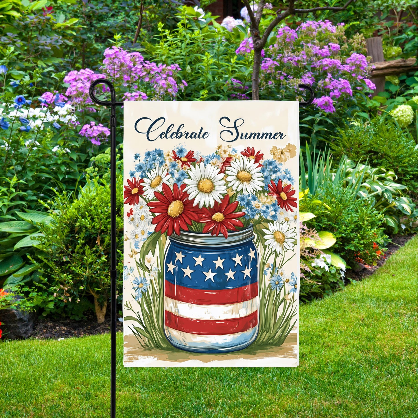 Patriotic Mason Jar Garden Flag, Celebrate Summer Design,
