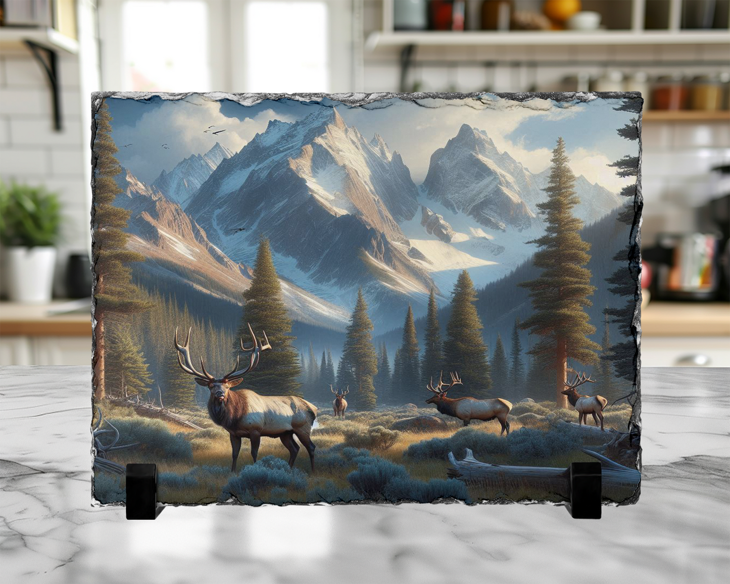 Elk Herd Slate Picture with Stand - Unique Hunting Gift for Him