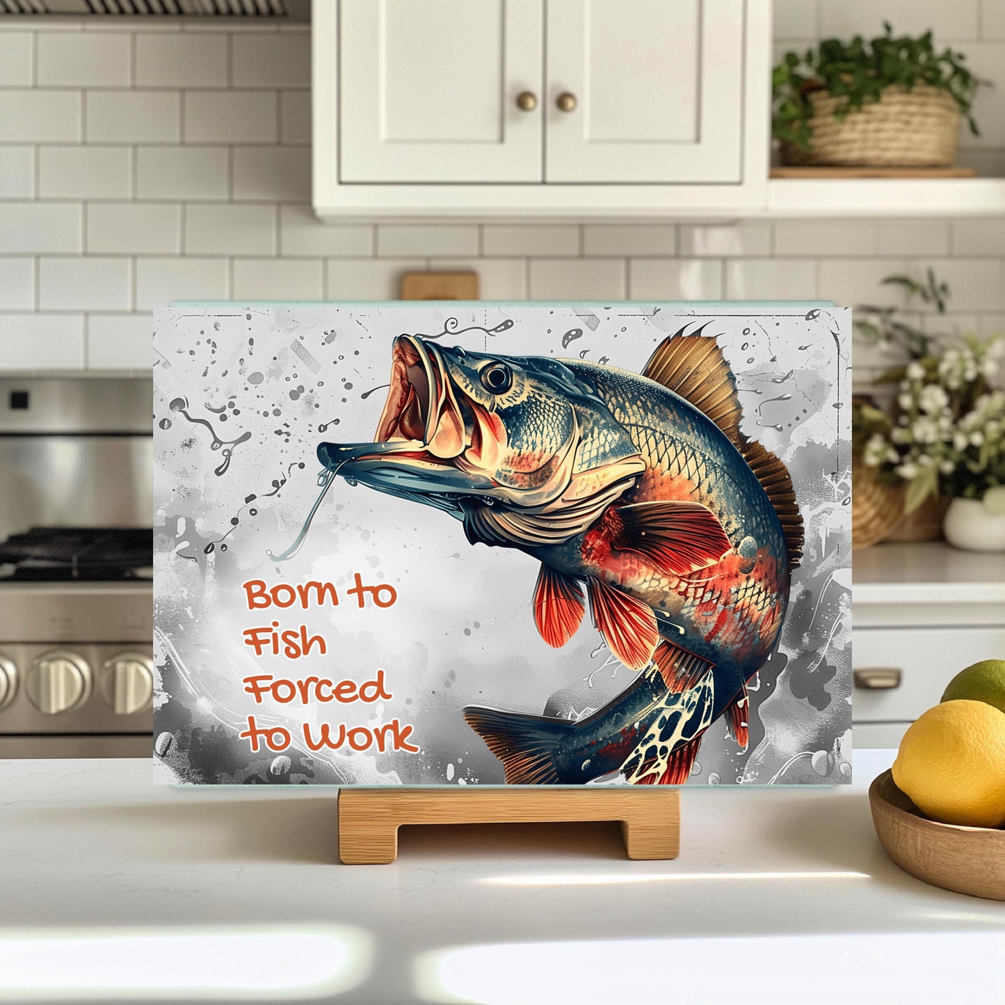 Born To Fish Tempered Glass Cutting Board 11x15 Kitchen Art - Perfect Fishing Gift for Dad or Him