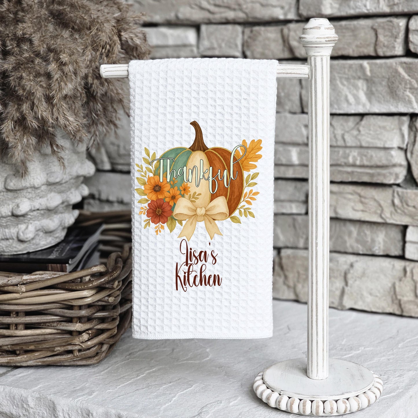 Floral Pumpkin Kitchen Towel with Waffle Weave Coquette Bow for Thanksgiving Decor