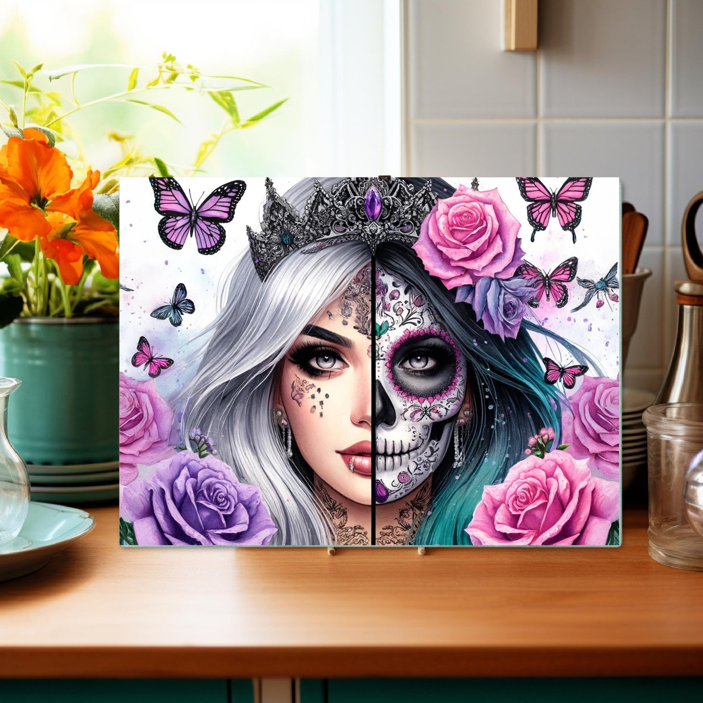 Gothic Princess Glass Cutting Board - Day of the Dead Kitchen Decor Fantasy Gift
