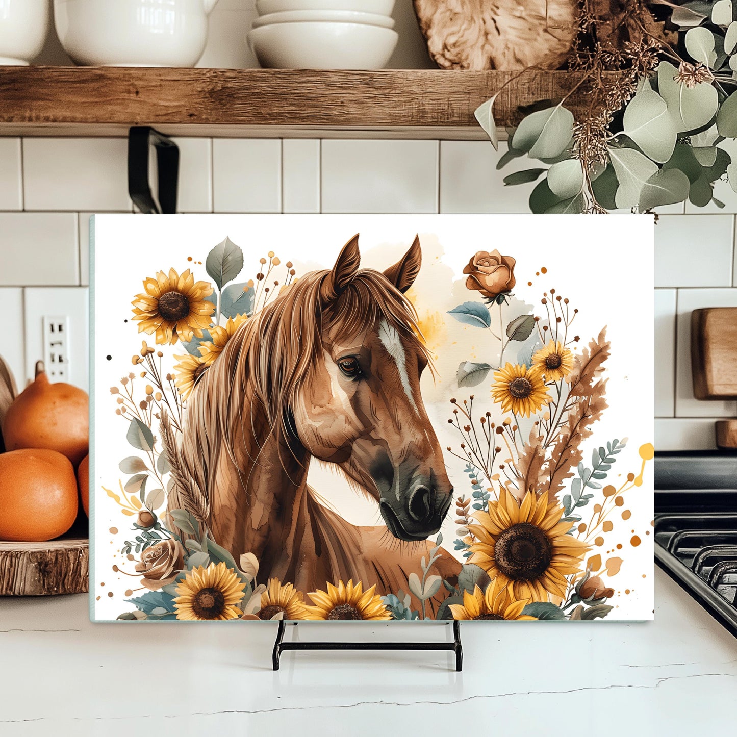 Horse and Sunflower Tempered Glass Cutting Board - Perfect Gift for Horse Lovers 11x15 Kitchen Art