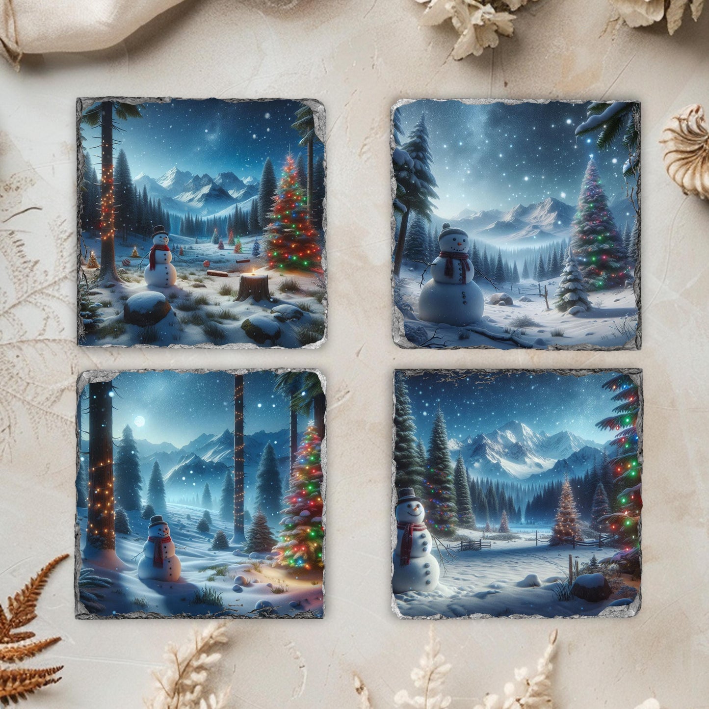Slate Coaster Set with Festive Snowman Mountain Scene - 4 Sublimation Coasters and Black Storage Rack for Winter Decor Gift