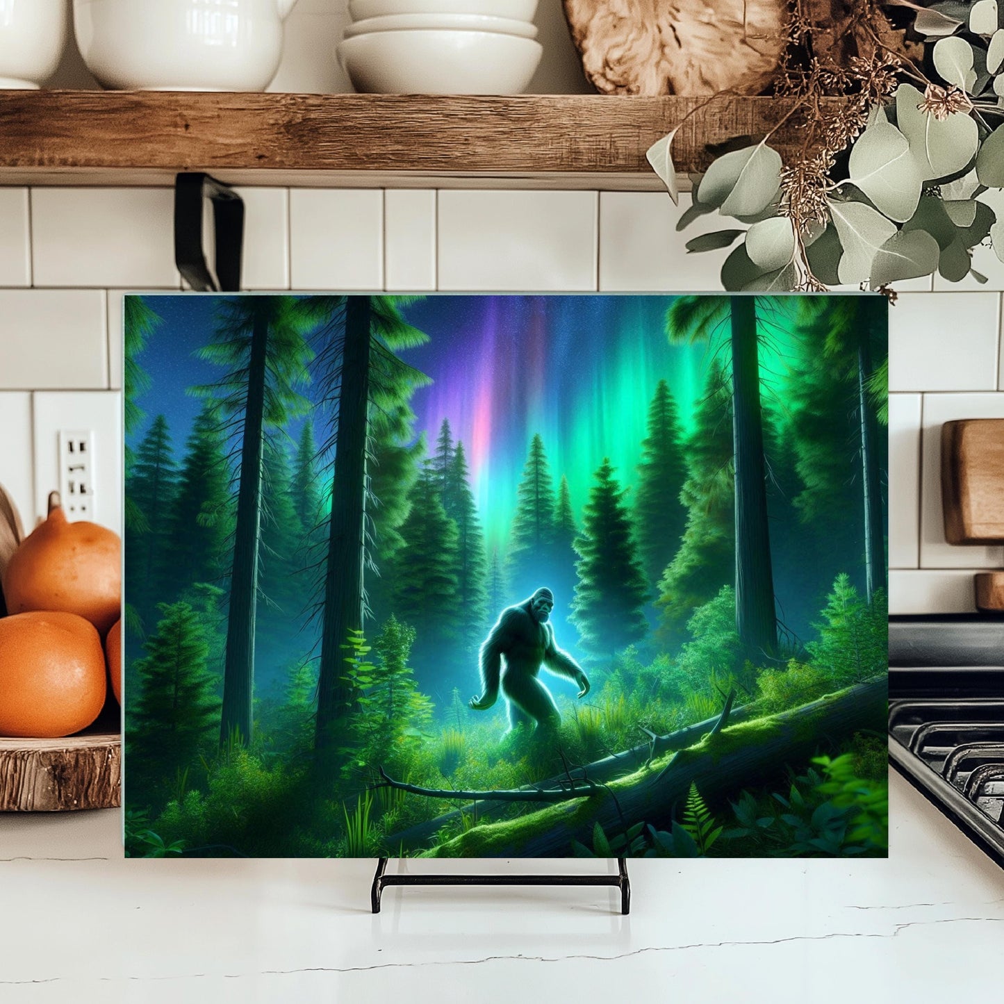 Tempered Glass Cutting Board featuring Bigfoot in the Forest - Unique Gift for Bigfoot Lovers