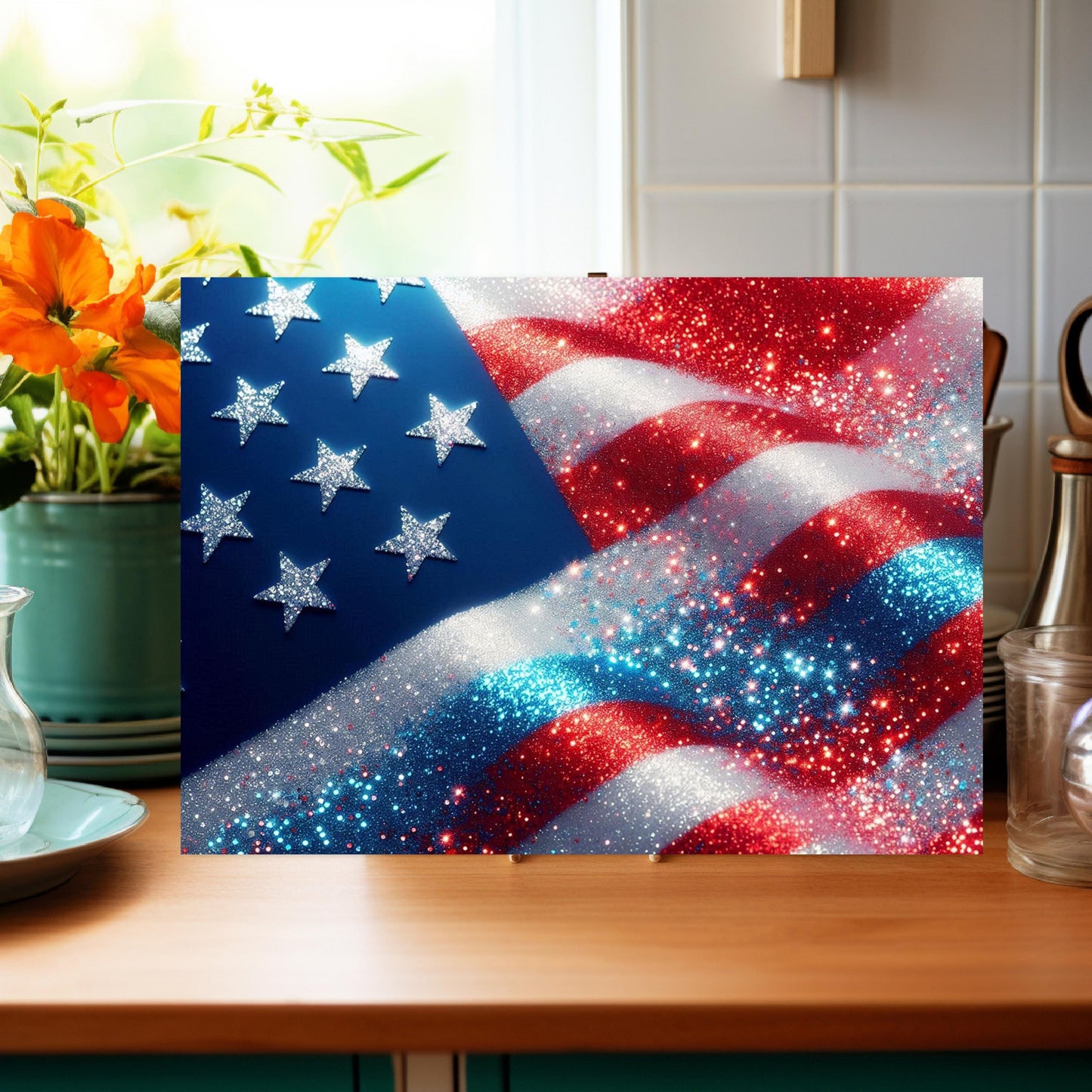Patriotic Faux Glitter Cutting Board - Large Glass Kitchen Board for Hostess Gifts Countertop Decor