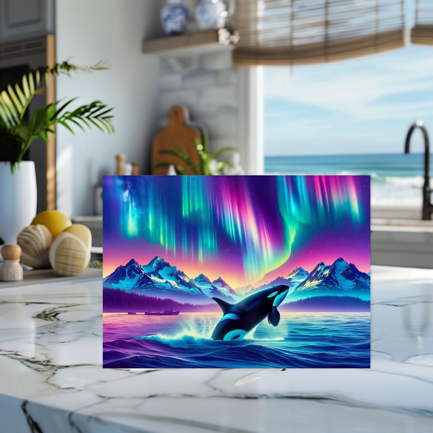 Orca Breach Tempered Glass Cutting Board 11x15 Kitchen Art with Northern Lights and Colorful Ocean Wildlife - Perfect Hostess Gift