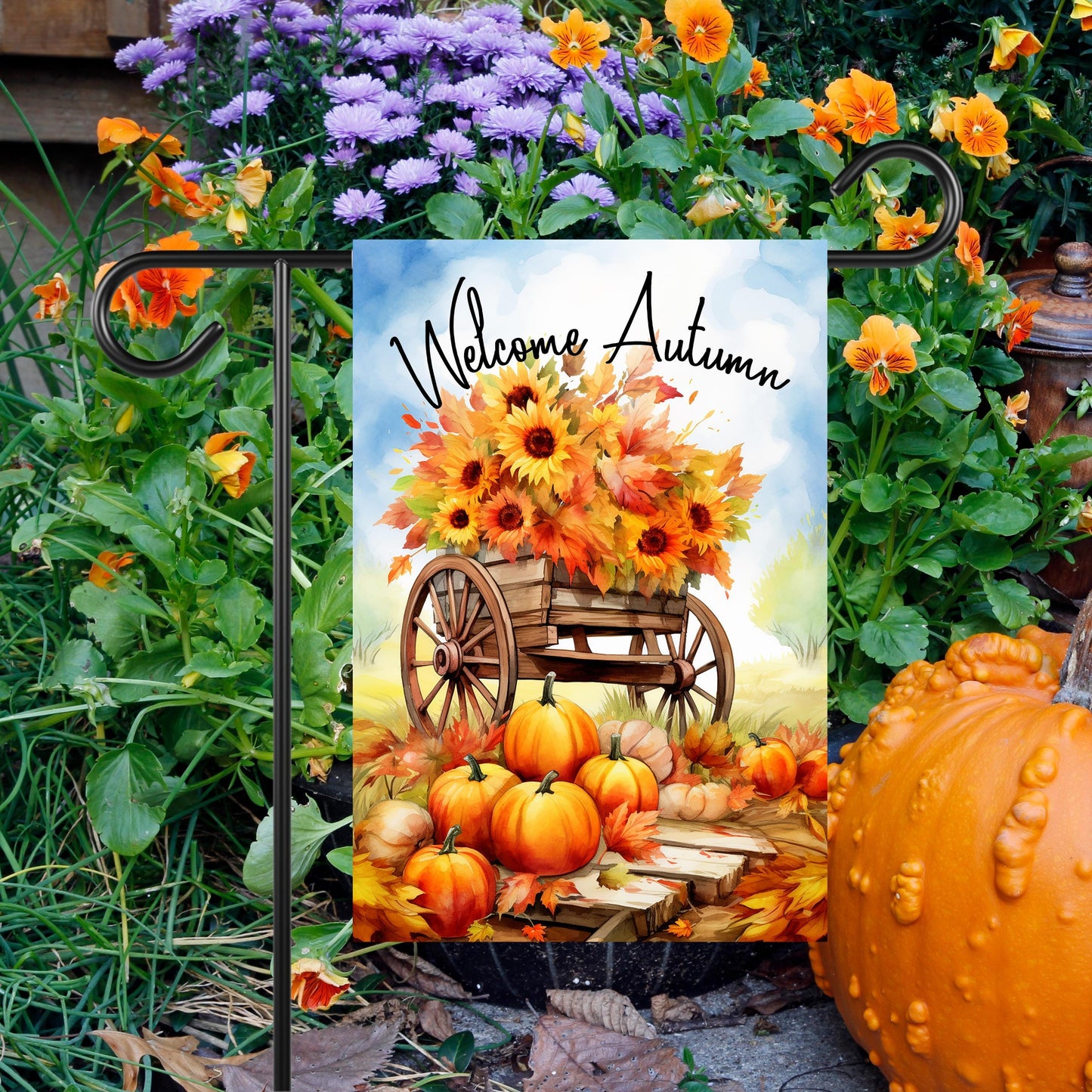 Autumn Garden Flag with Pumpkins and Blue Sky - 12x18 Inch Seasonal Decor