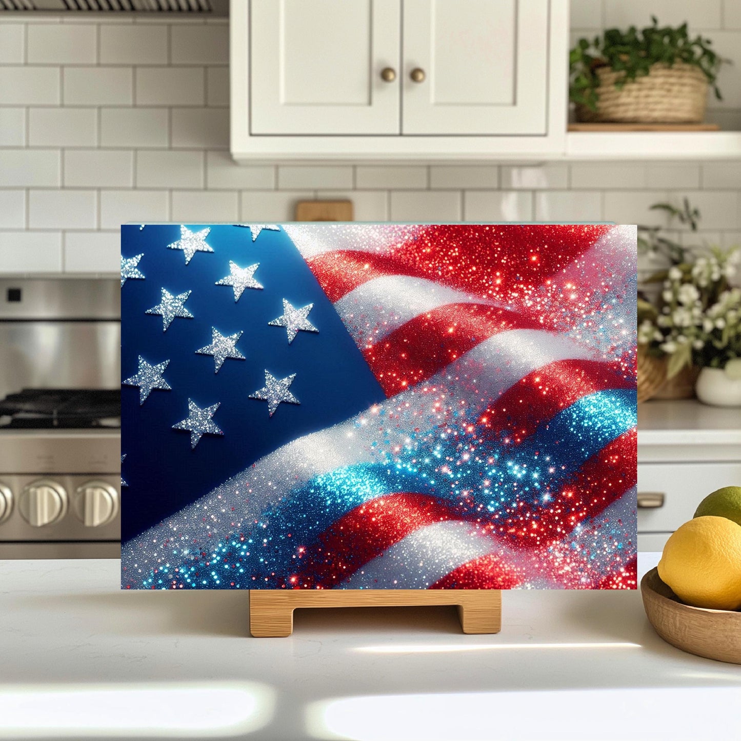Patriotic Faux Glitter Cutting Board - Large Glass Kitchen Board for Hostess Gifts Countertop Decor