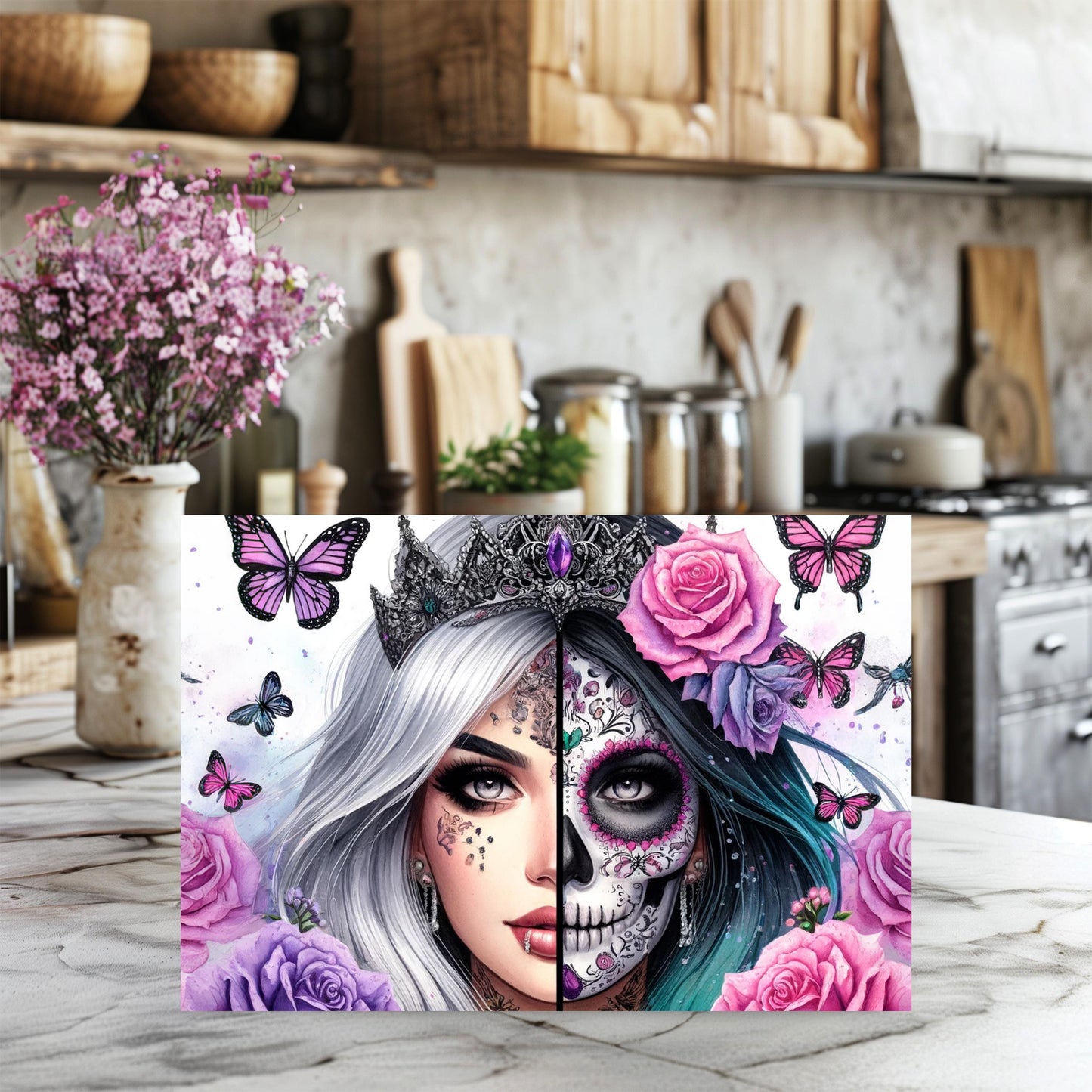 Gothic Princess Glass Cutting Board - Day of the Dead Kitchen Decor Fantasy Gift