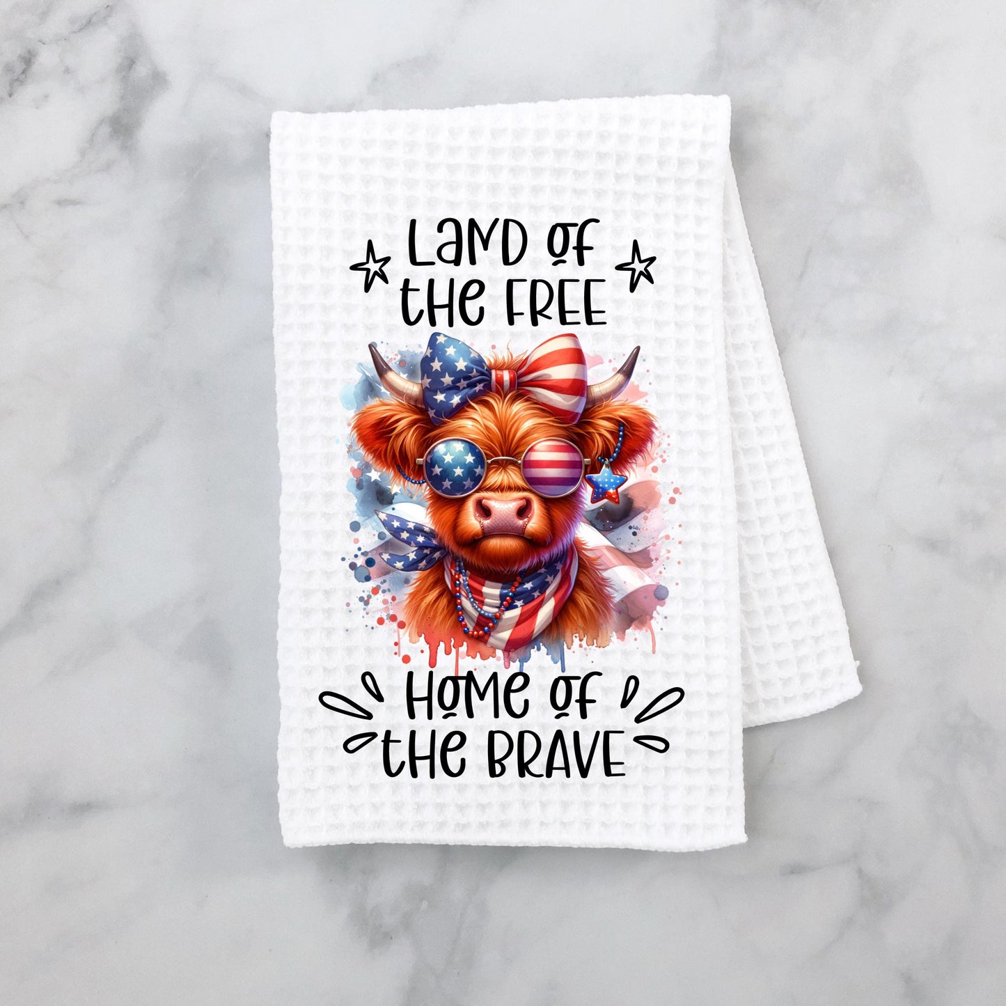 Patriotic Highland Cow Waffle Weave Towel - Unique Americana Kitchen Decor Hostess Gift for 4th of July