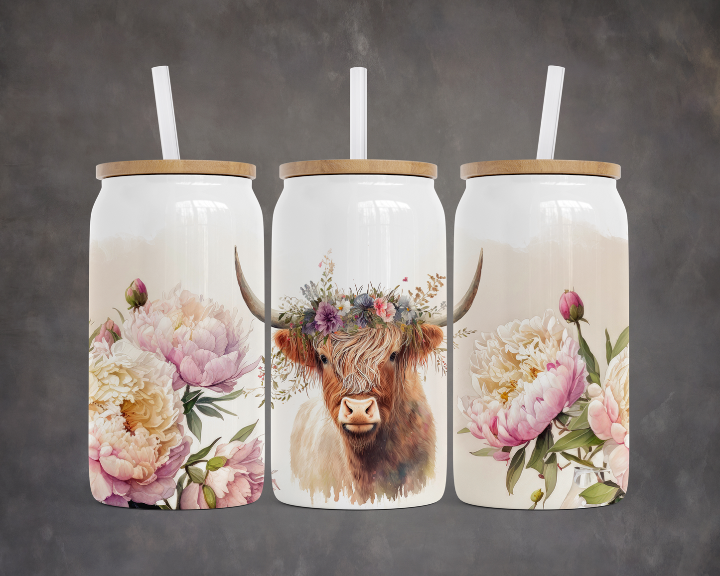 Unique Highland Cow Floral Headband Steel Can, Rustic Drink Container 16 oz, Unique Gift for Cow Lover, Travel Mug, Cold Beverage Cup
