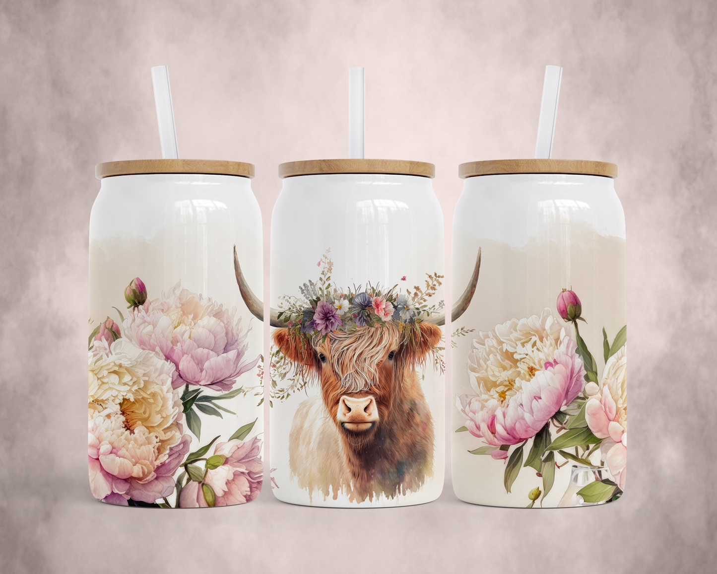 Unique Highland Cow Floral Headband Steel Can, Rustic Drink Container 16 oz, Unique Gift for Cow Lover, Travel Mug, Cold Beverage Cup