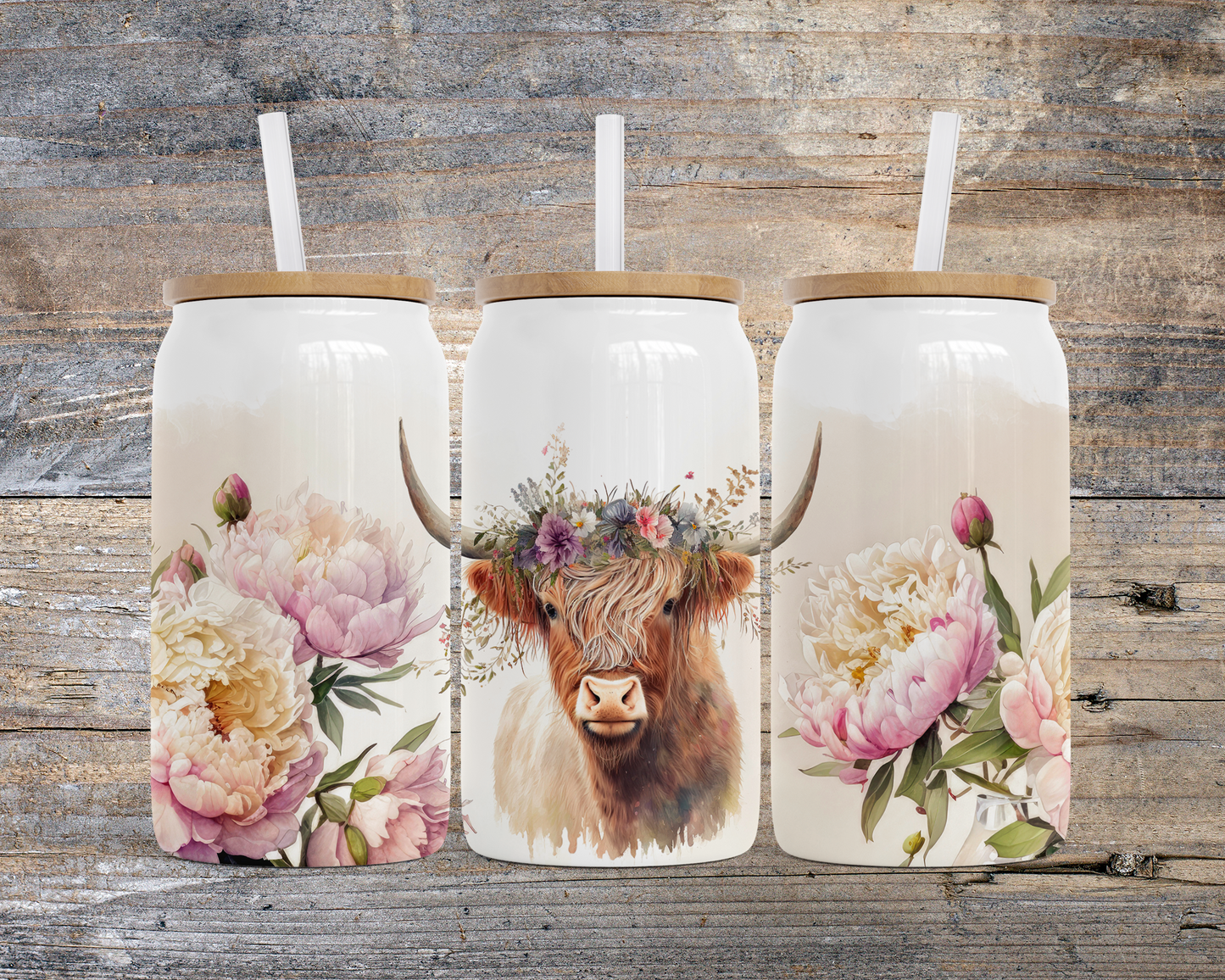 Unique Highland Cow Floral Headband Steel Can, Rustic Drink Container 16 oz, Unique Gift for Cow Lover, Travel Mug, Cold Beverage Cup