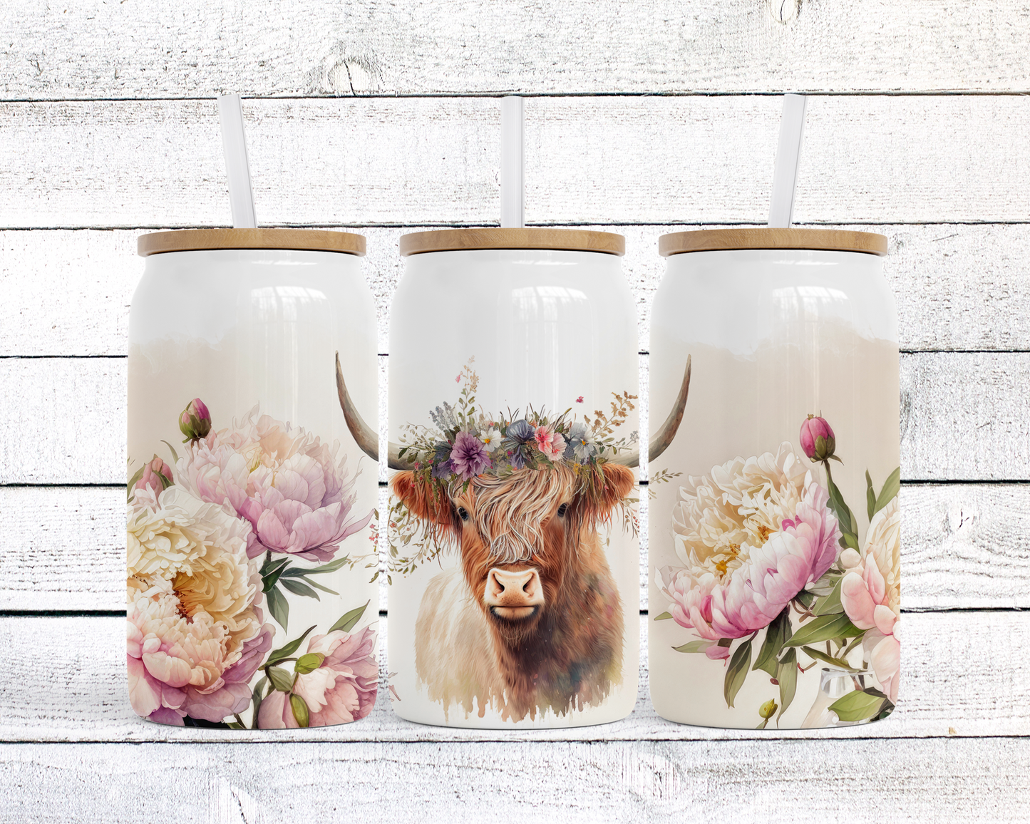 Unique Highland Cow Floral Headband Steel Can, Rustic Drink Container 16 oz, Unique Gift for Cow Lover, Travel Mug, Cold Beverage Cup