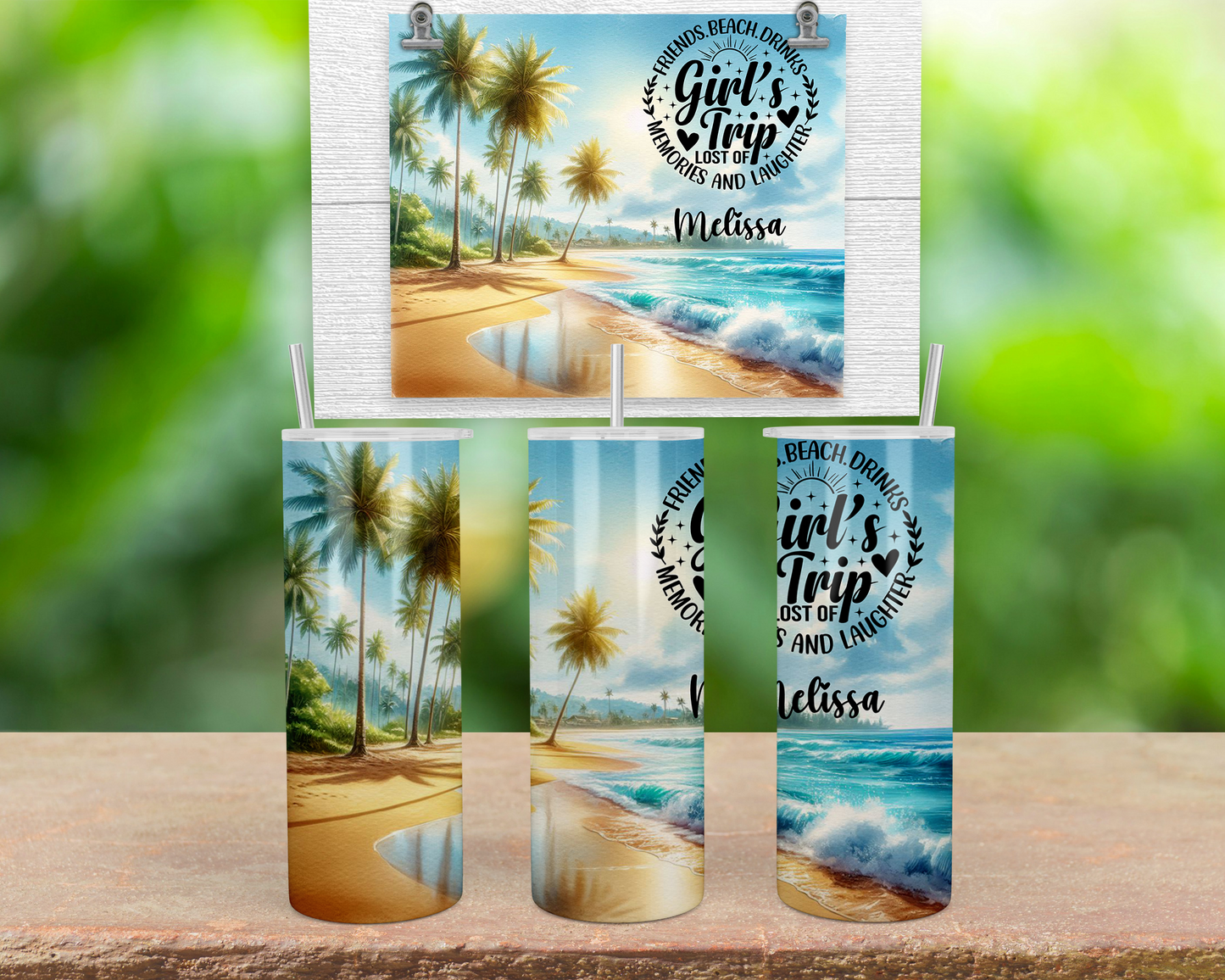 Personalized Glow in the Dark Tumbler for Girls Trip - Custom Beach Vacation Cup with Lid