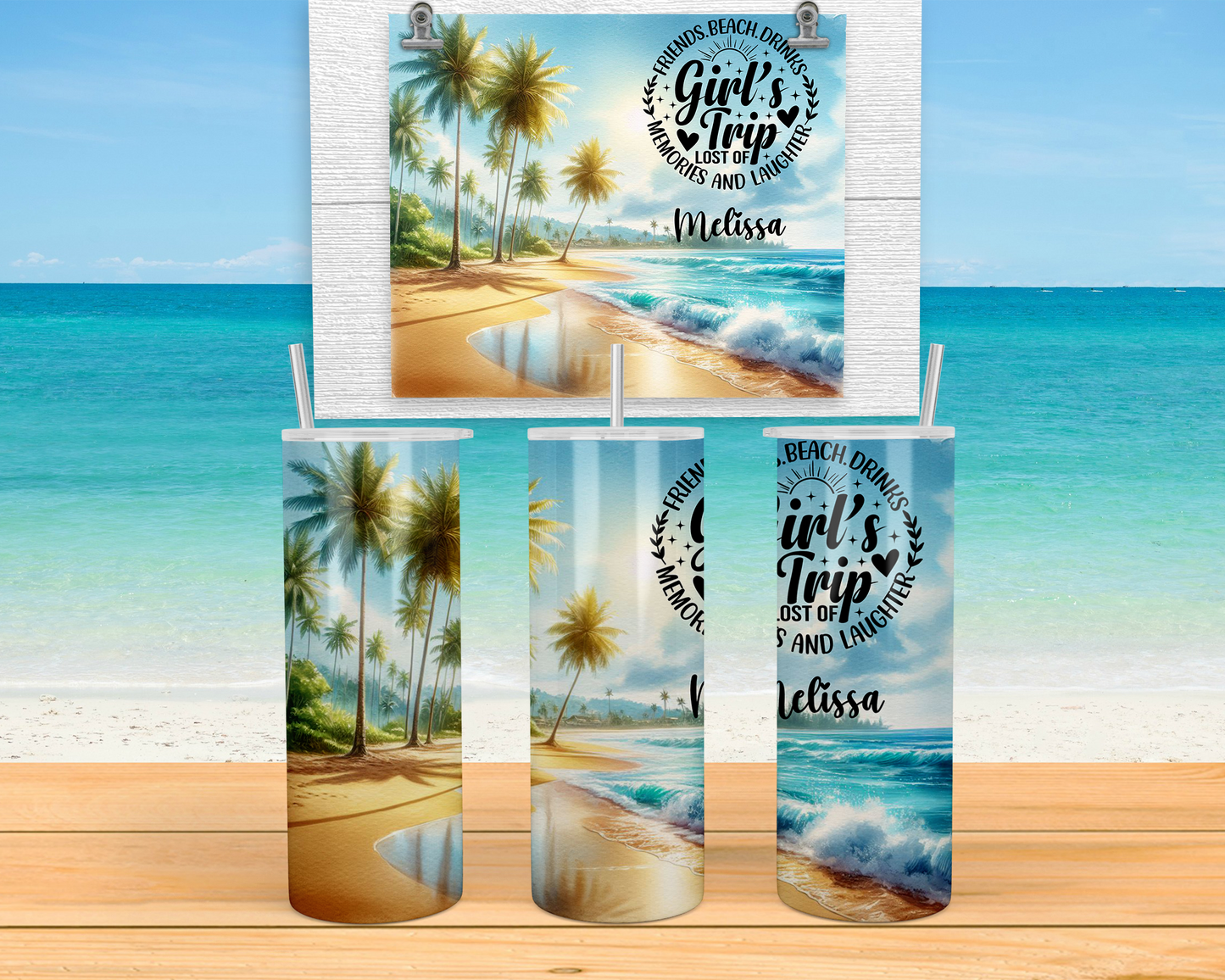 Personalized Glow in the Dark Tumbler for Girls Trip - Custom Beach Vacation Cup with Lid