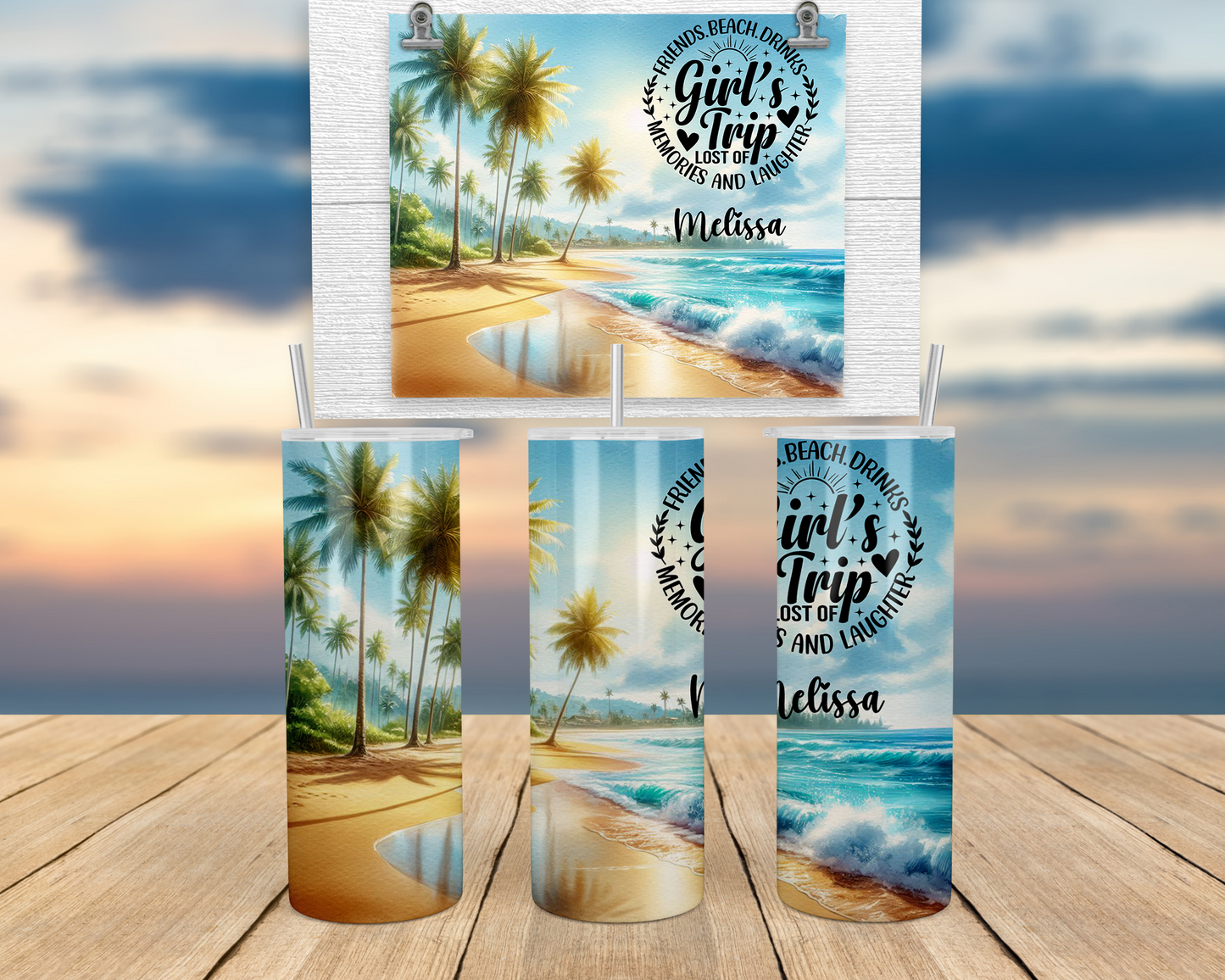 Personalized Glow in the Dark Tumbler for Girls Trip - Custom Beach Vacation Cup with Lid