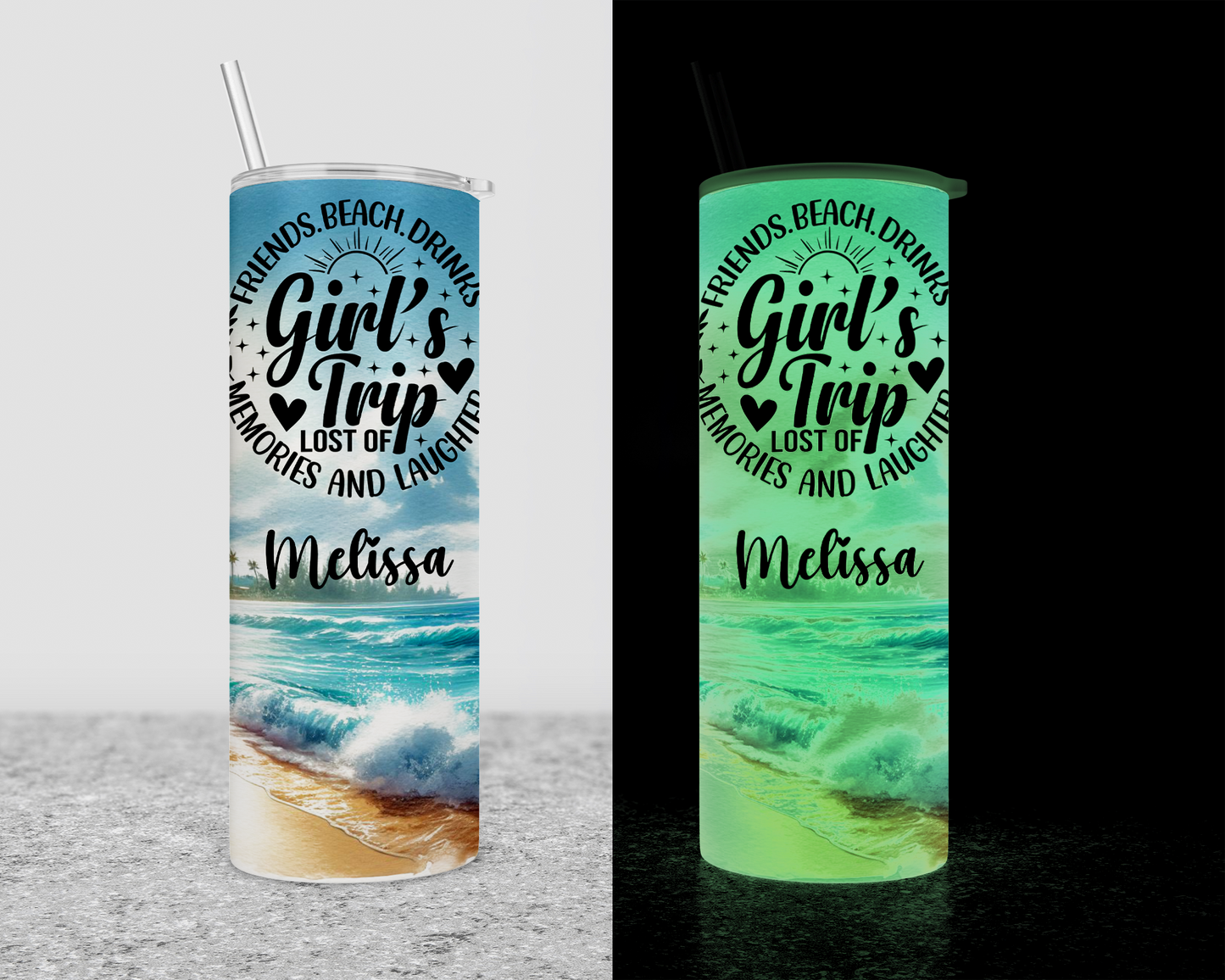 Personalized Glow in the Dark Tumbler for Girls Trip - Custom Beach Vacation Cup with Lid