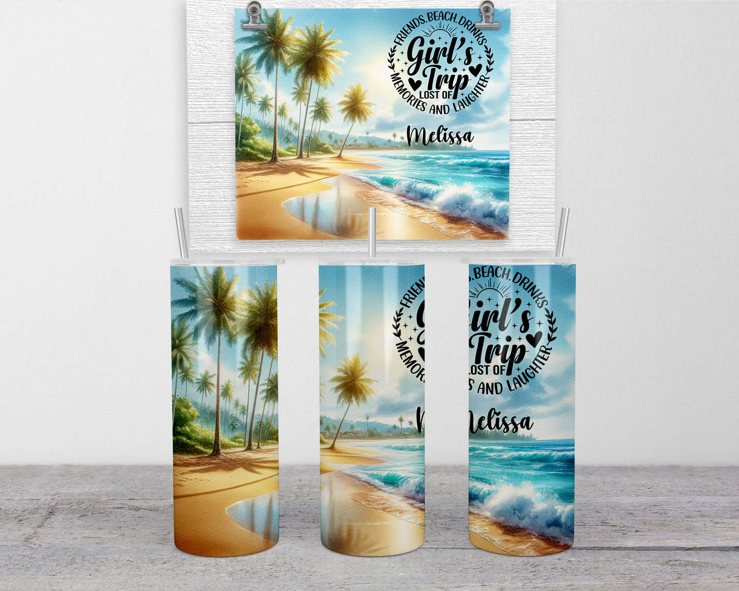 Personalized Glow in the Dark Tumbler for Girls Trip - Custom Beach Vacation Cup with Lid