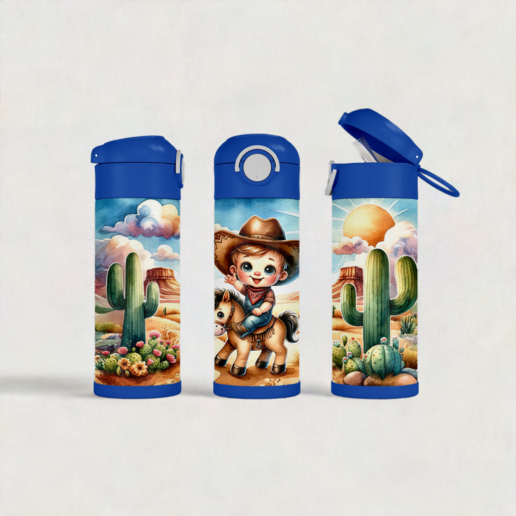 12oz Flip Top Cowboy Water Bottle with Blue Lid Handle
