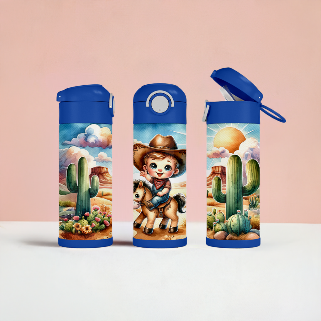 12oz Flip Top Cowboy Water Bottle with Blue Lid Handle