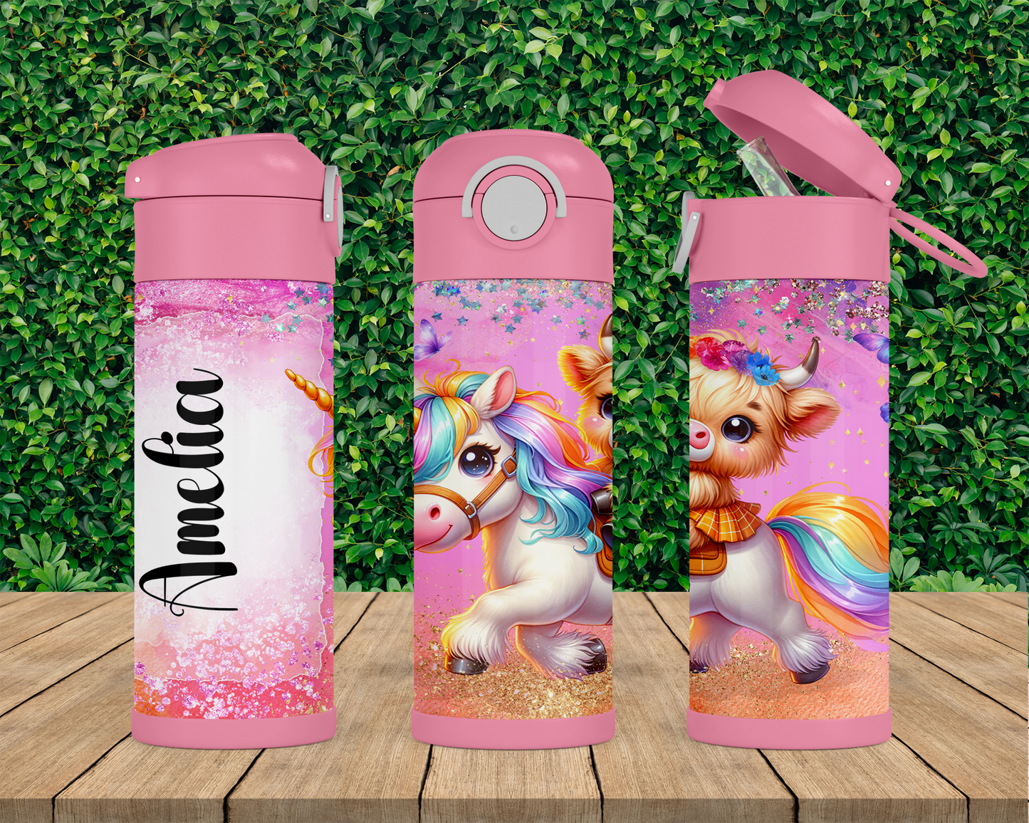 Personalized Highland Cow Unicorn Water Bottle for Kids - Flip Top Cup Perfect Birthday Gift for School