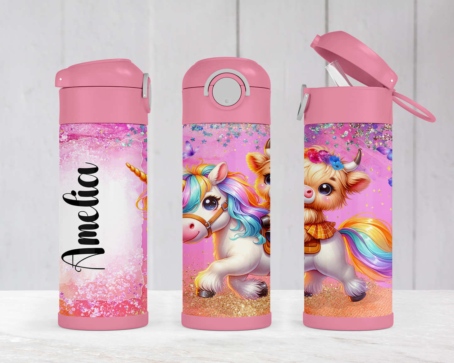 Personalized Highland Cow Unicorn Water Bottle for Kids - Flip Top Cup Perfect Birthday Gift for School