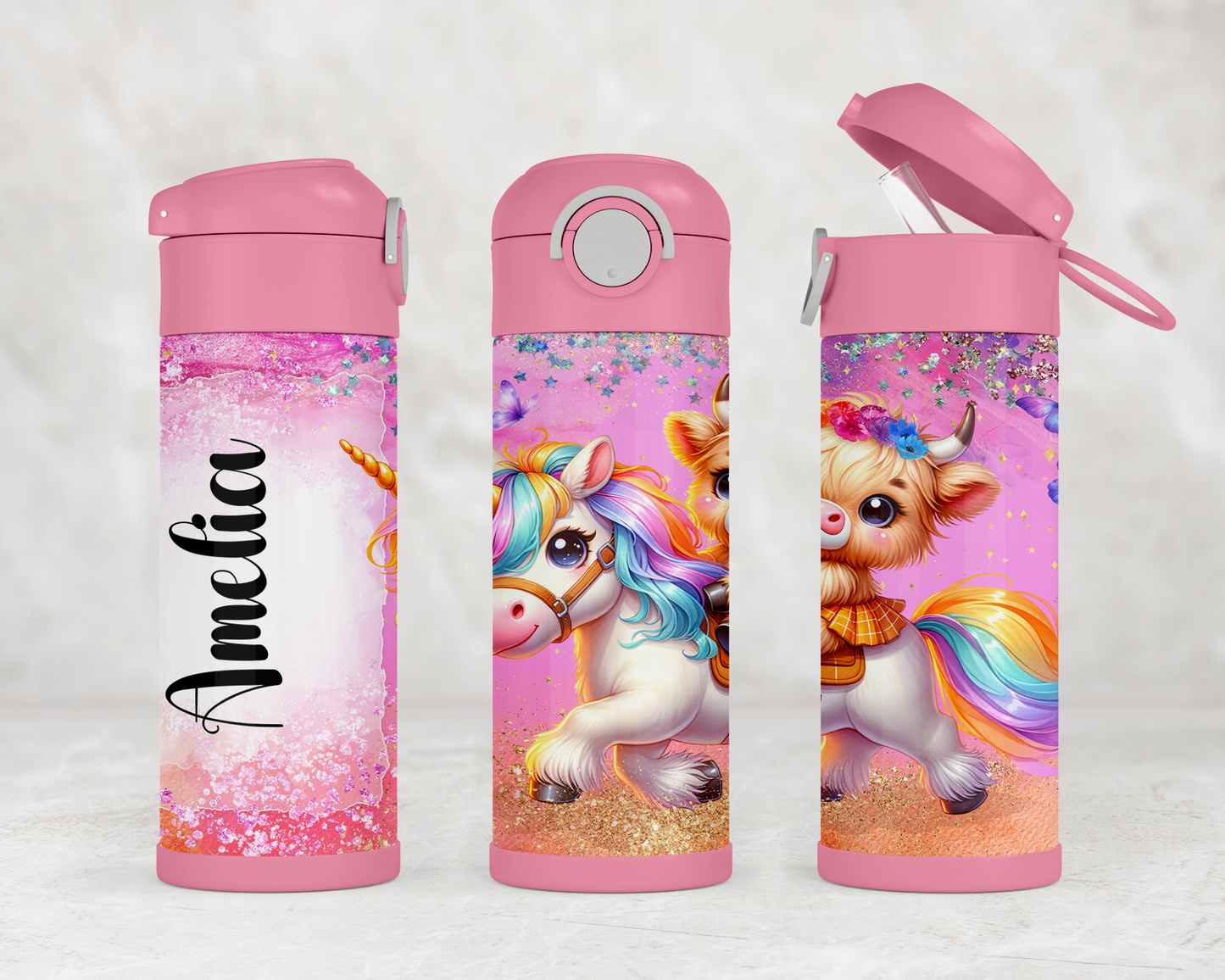 Personalized Highland Cow Unicorn Water Bottle for Kids - Flip Top Cup Perfect Birthday Gift for School