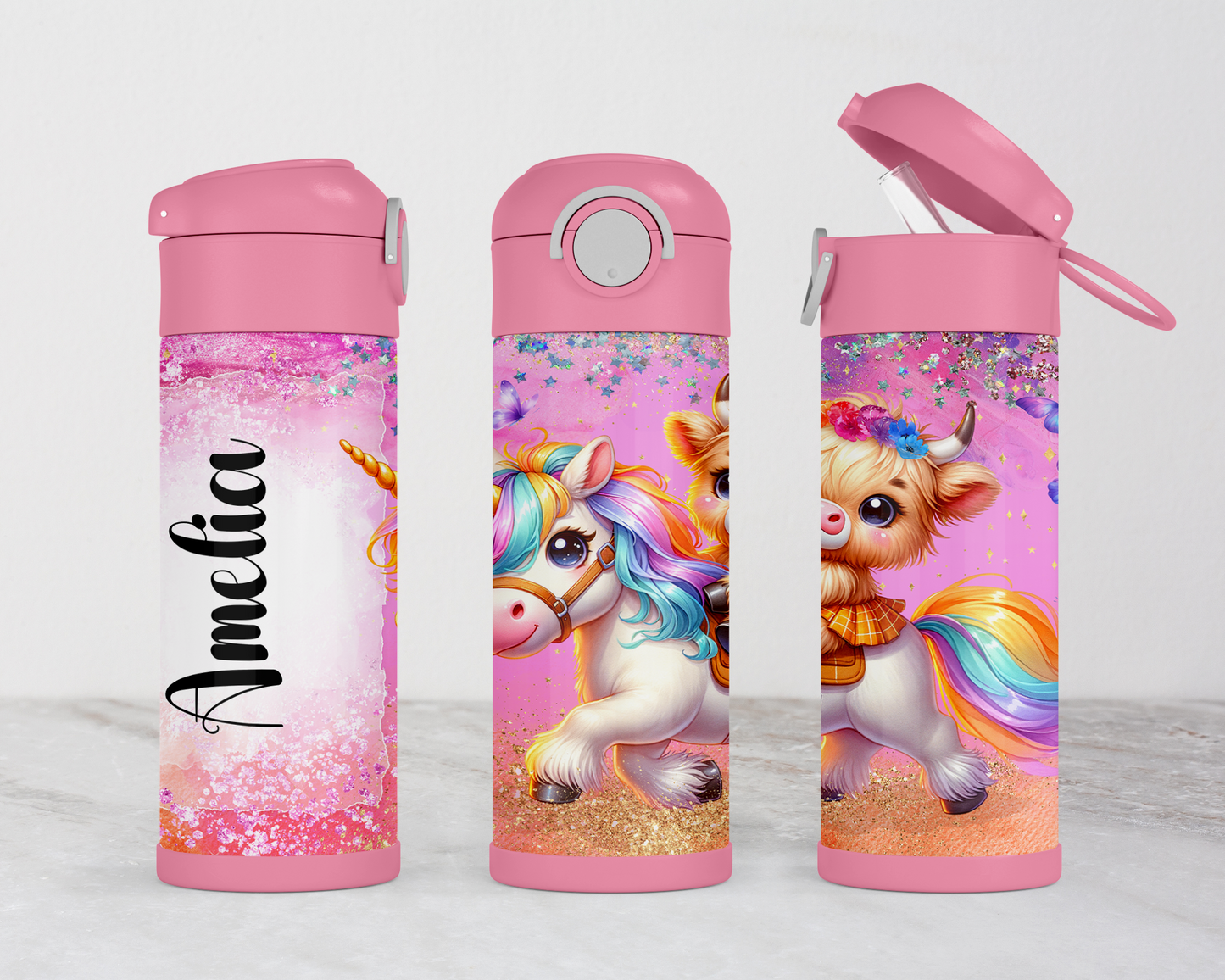 Personalized Highland Cow Unicorn Water Bottle for Kids - Flip Top Cup Perfect Birthday Gift for School