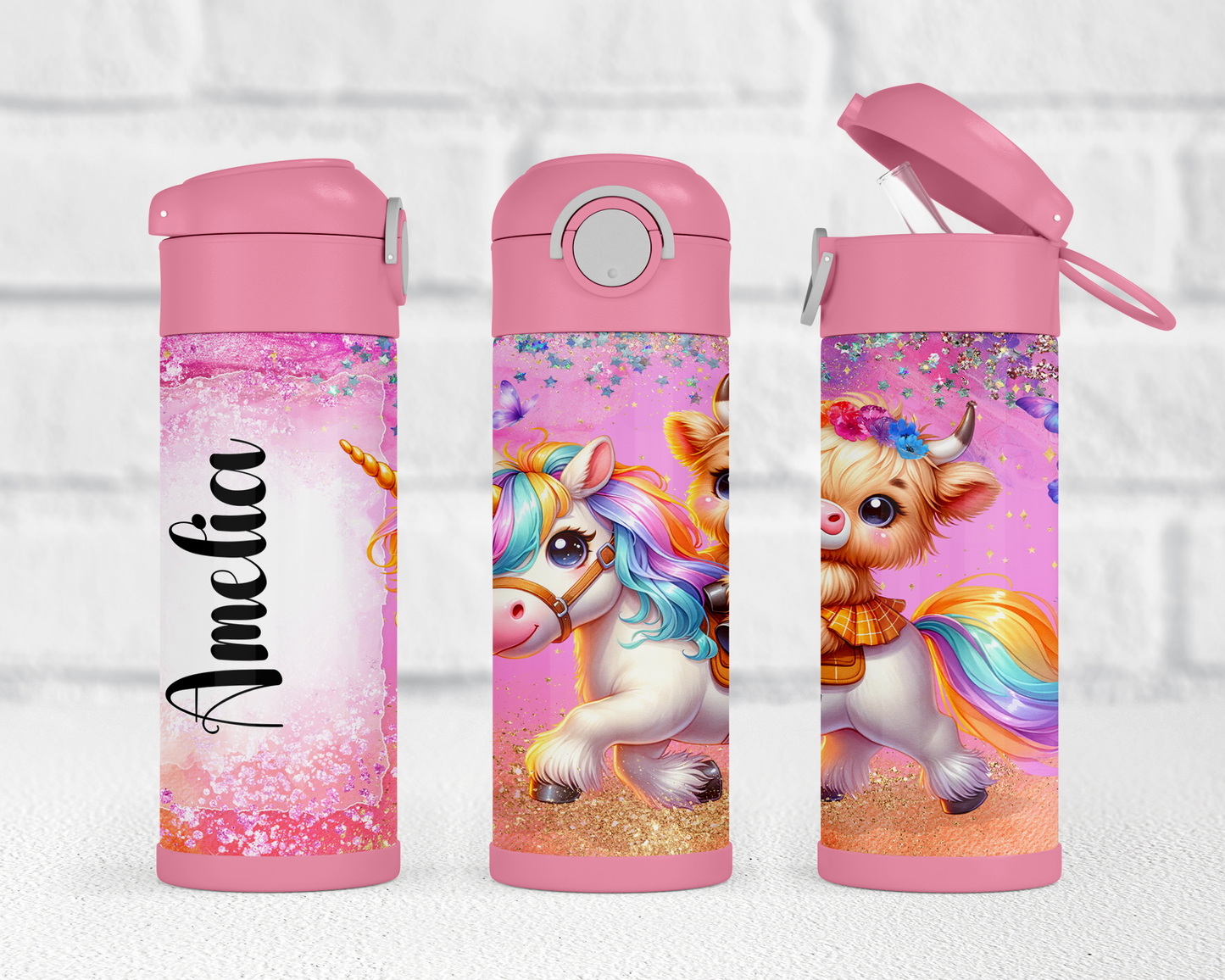 Personalized Highland Cow Unicorn Water Bottle for Kids - Flip Top Cup Perfect Birthday Gift for School