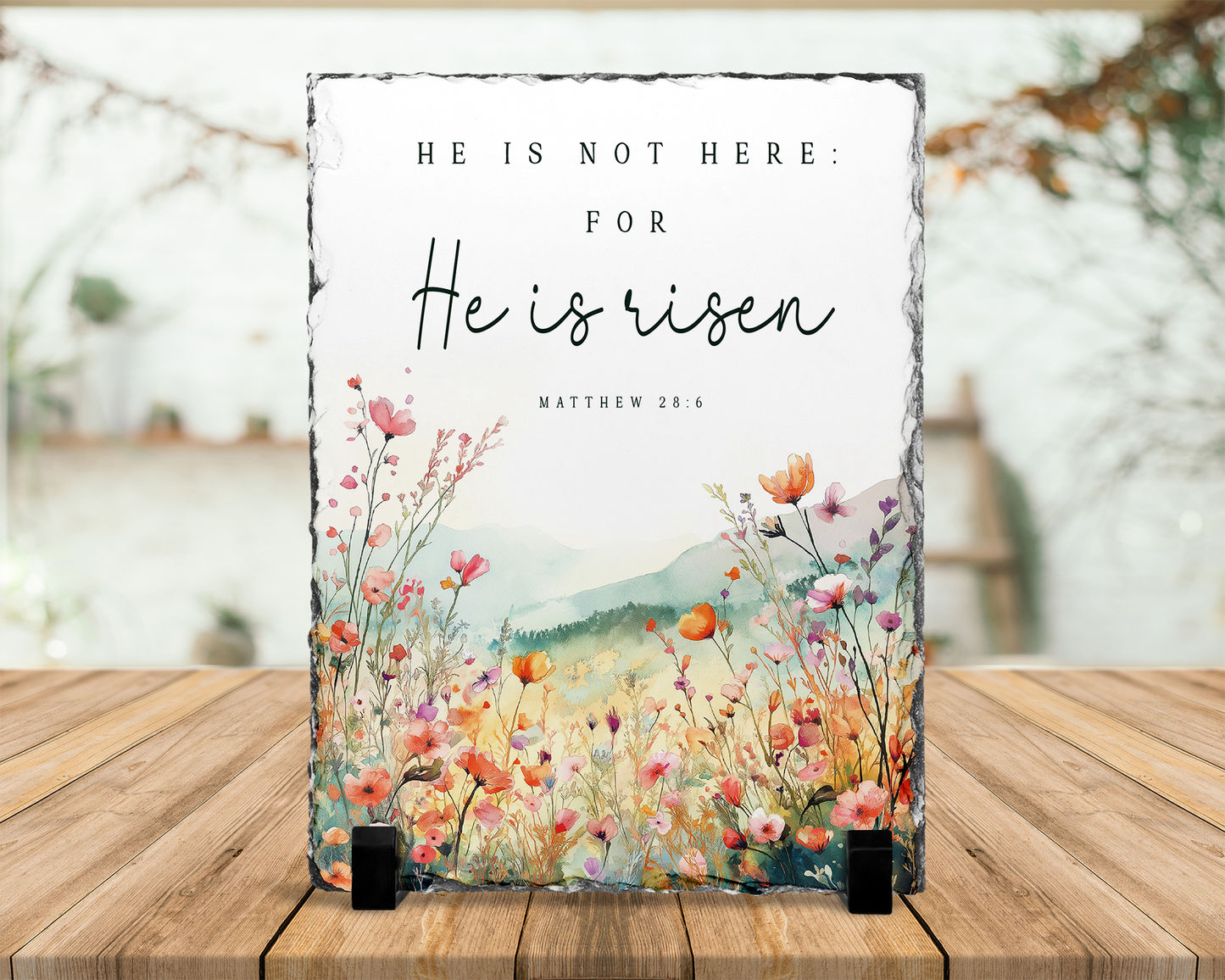 Religious Photo Slate with Stand - Inspirational Easter Gift Featuring Matthew 286 Verse - Unique Biblical Quote for Mom Perfect Tabletop Display