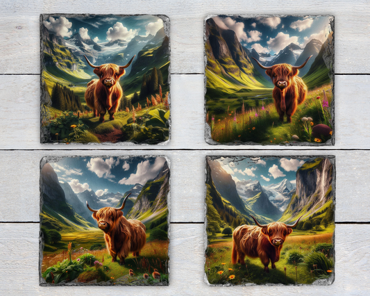 Unique Slate Coaster Set - Highland Cow Designs, 4 Different Images