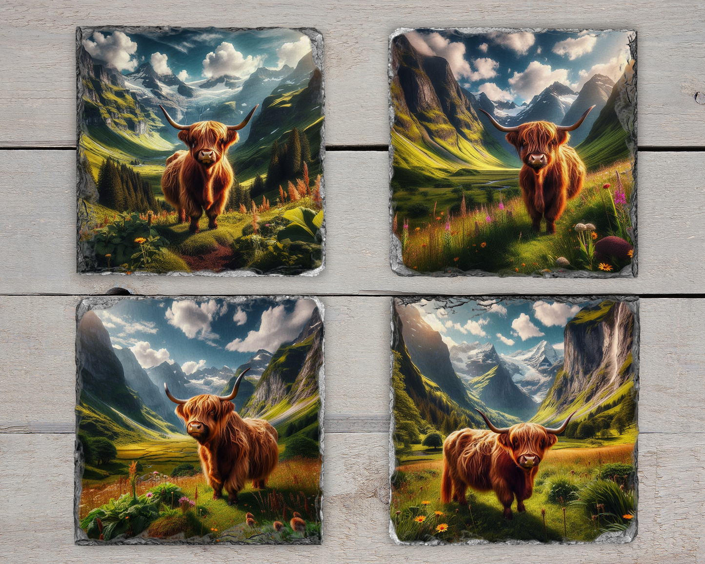 Unique Slate Coaster Set - Highland Cow Designs, 4 Different Images