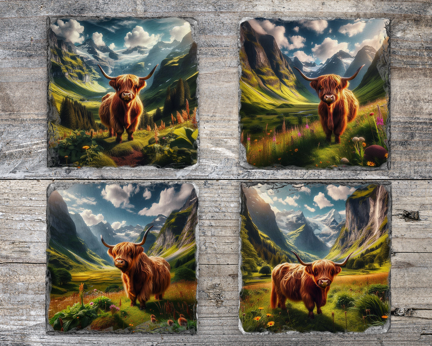 Rustic Chic Coasters - Highland Cow Theme, 4 Slate Designs