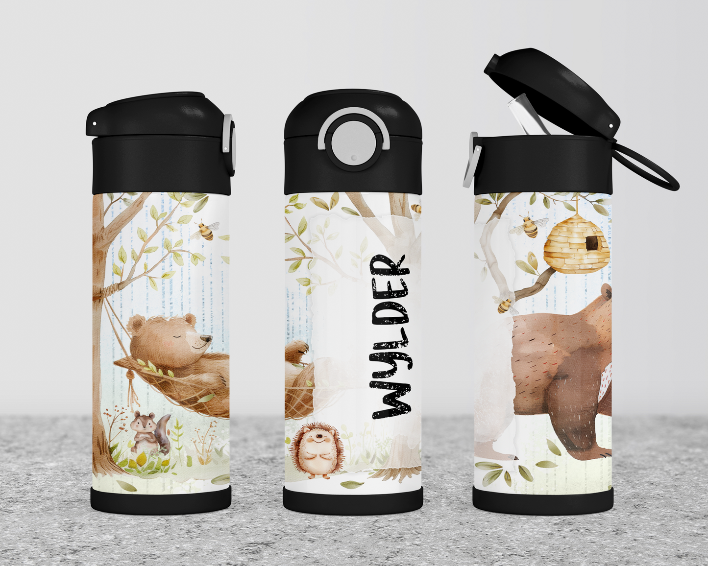 Personalized Woodland Theme Kids Water Bottle - 12oz Flip Top Hydration Bottle for School On-the-Go