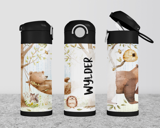 Personalized Woodland Theme Kids Water Bottle - 12oz Flip Top Hydration Bottle for School  On-the-Go