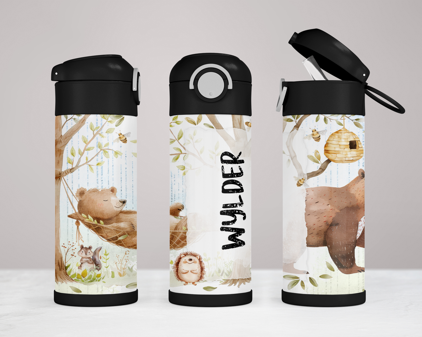Personalized Woodland Theme Kids Water Bottle - 12oz Flip Top Hydration Bottle for School On-the-Go
