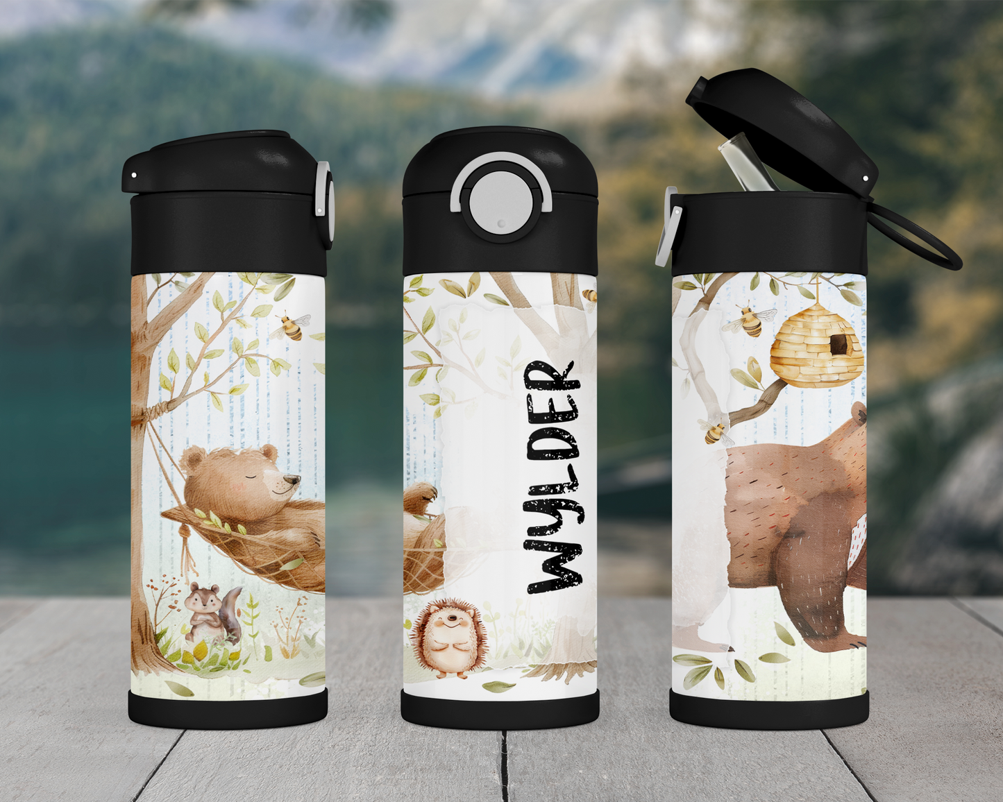 Personalized Woodland Theme Kids Water Bottle - 12oz Flip Top Hydration Bottle for School On-the-Go