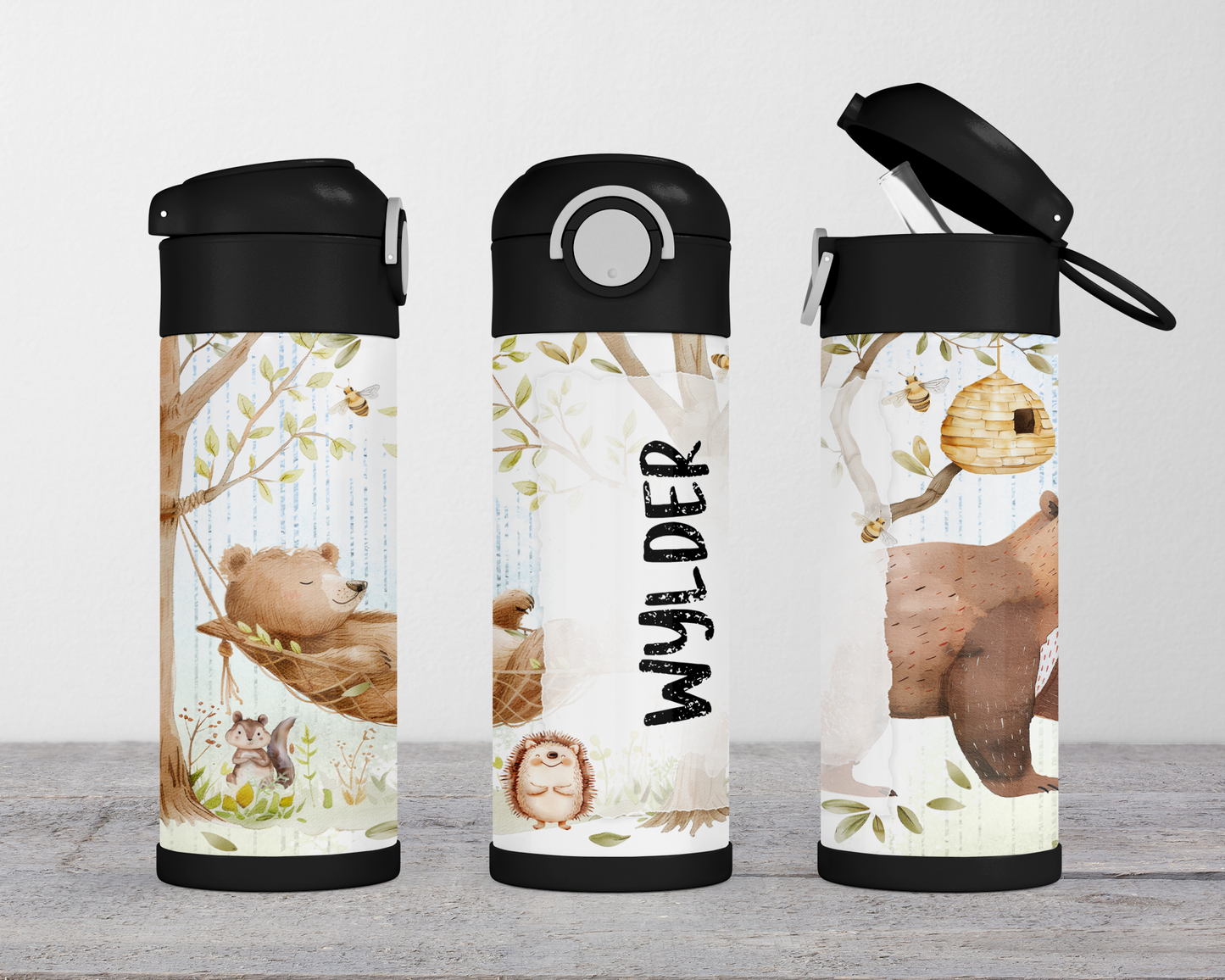 Personalized Woodland Theme Kids Water Bottle - 12oz Flip Top Hydration Bottle for School On-the-Go