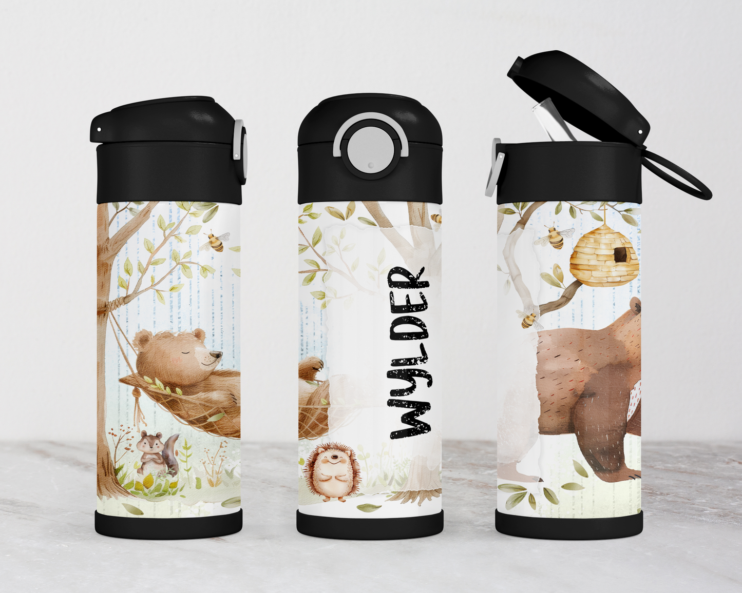 Personalized Woodland Theme Kids Water Bottle - 12oz Flip Top Hydration Bottle for School On-the-Go