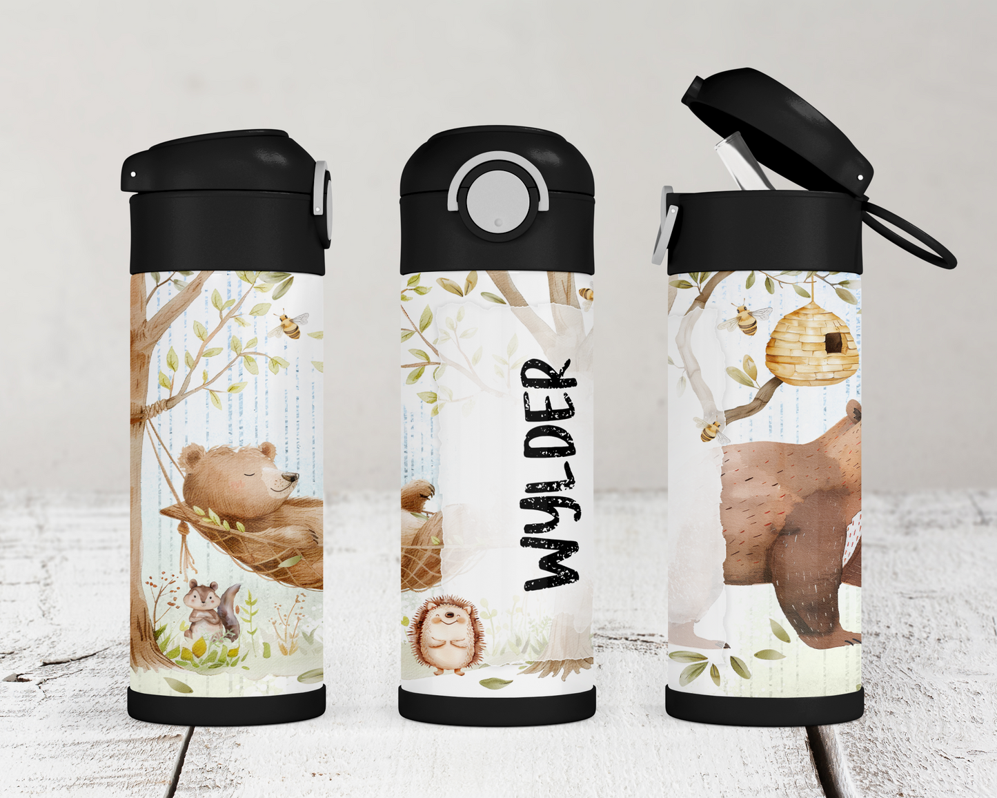 Personalized Woodland Theme Kids Water Bottle - 12oz Flip Top Hydration Bottle for School On-the-Go