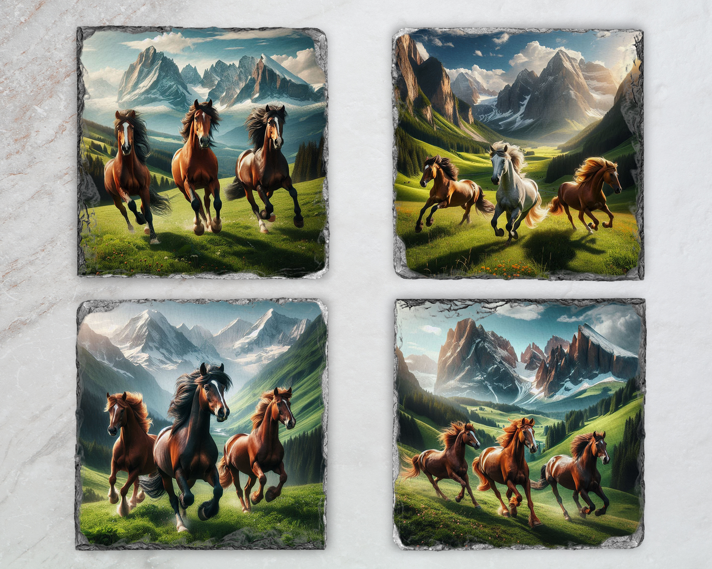 Rustic Slate Coaster Set with Horse and Mountain Scenes - Set of 4