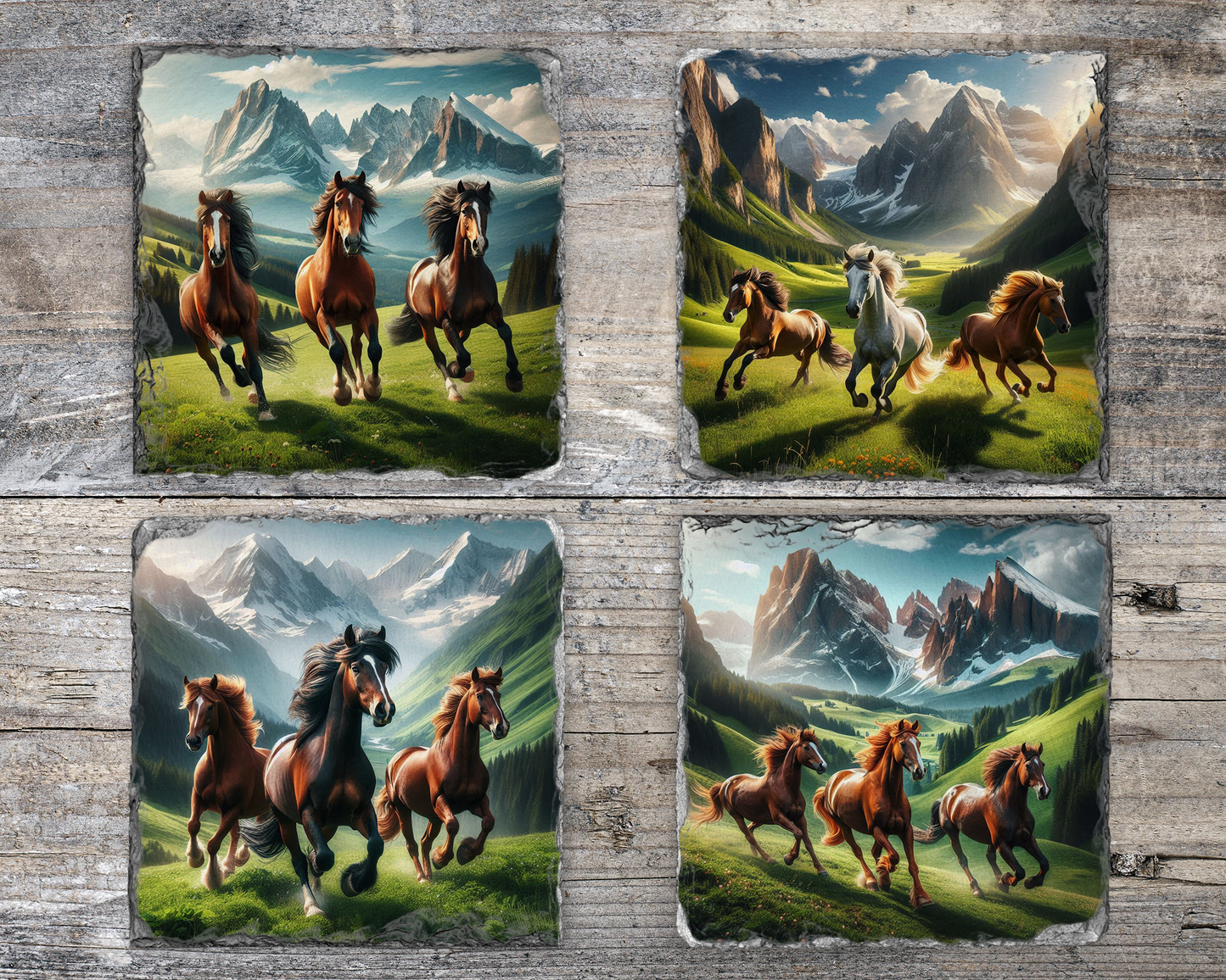 Rustic Slate Coaster Set with Horse and Mountain Scenes - Set of 4