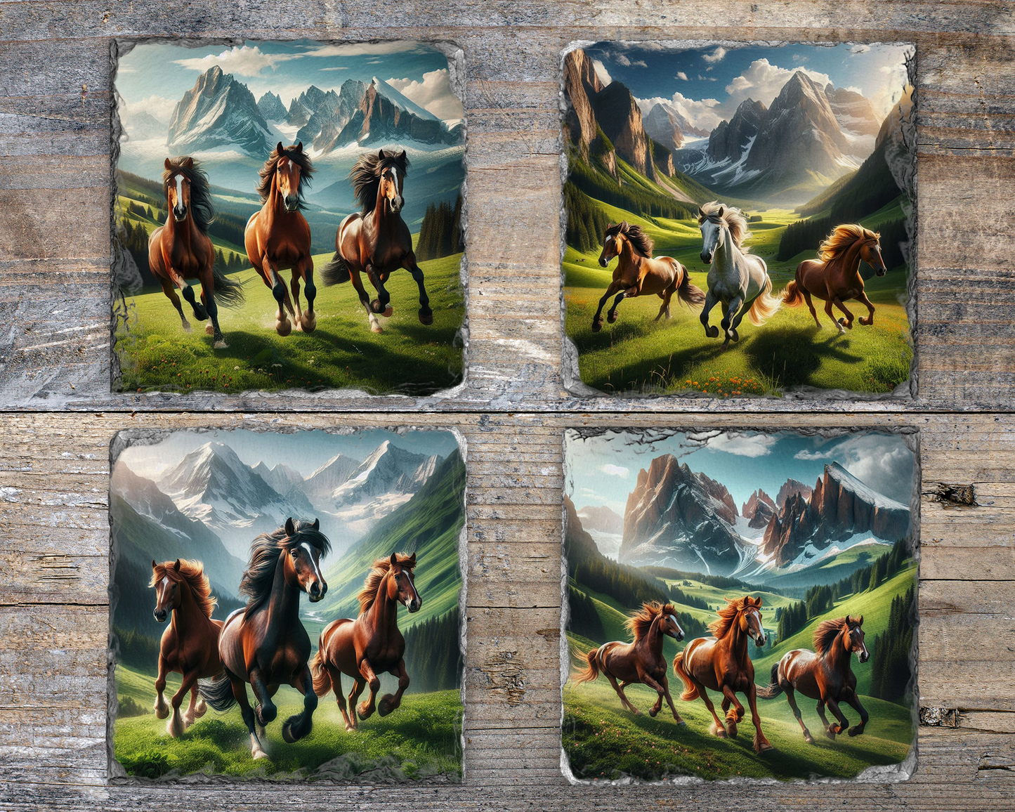 Rustic Slate Coaster Set with Horse and Mountain Scenes - Set of 4