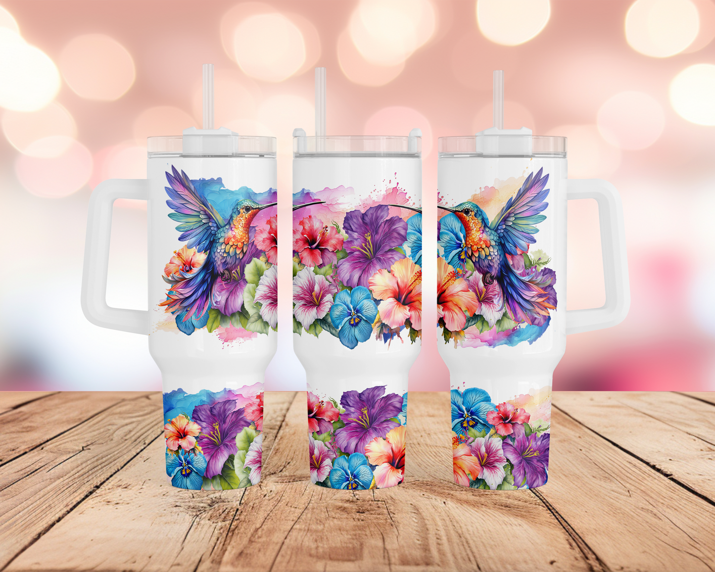 40oz Stainless Steel Tumbler with Vibrant Hummingbird Tropical Flower Design